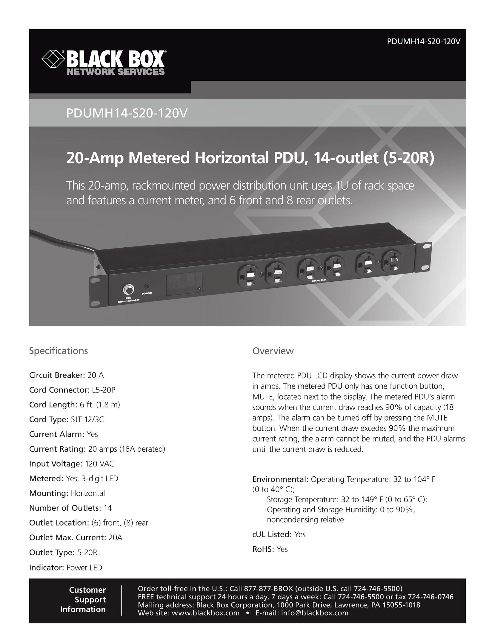 Black Box 20-Amp Metered Horizontal PDU, 14-outlet (5-20R) Power Supply User Manual