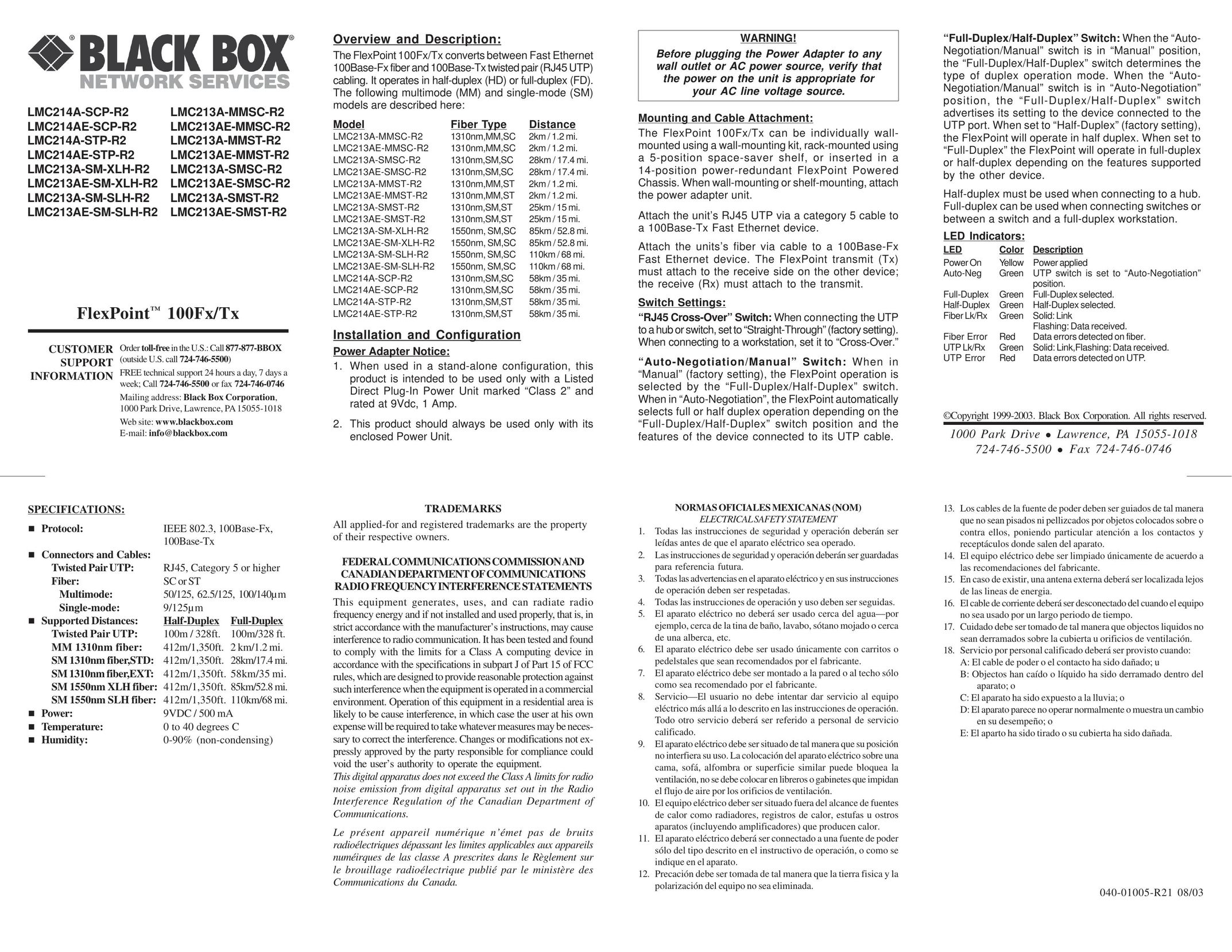 Black Box FlexPoint 100Fx/Tx Power Supply User Manual