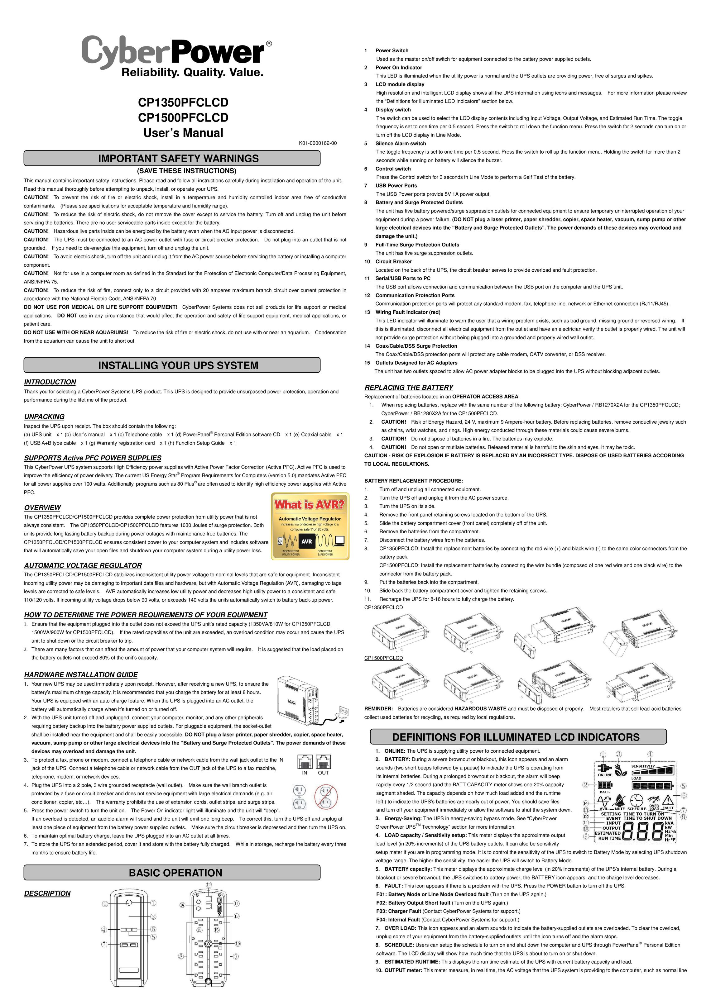 CyberPower CP1500PFCLCD Power Supply User Manual