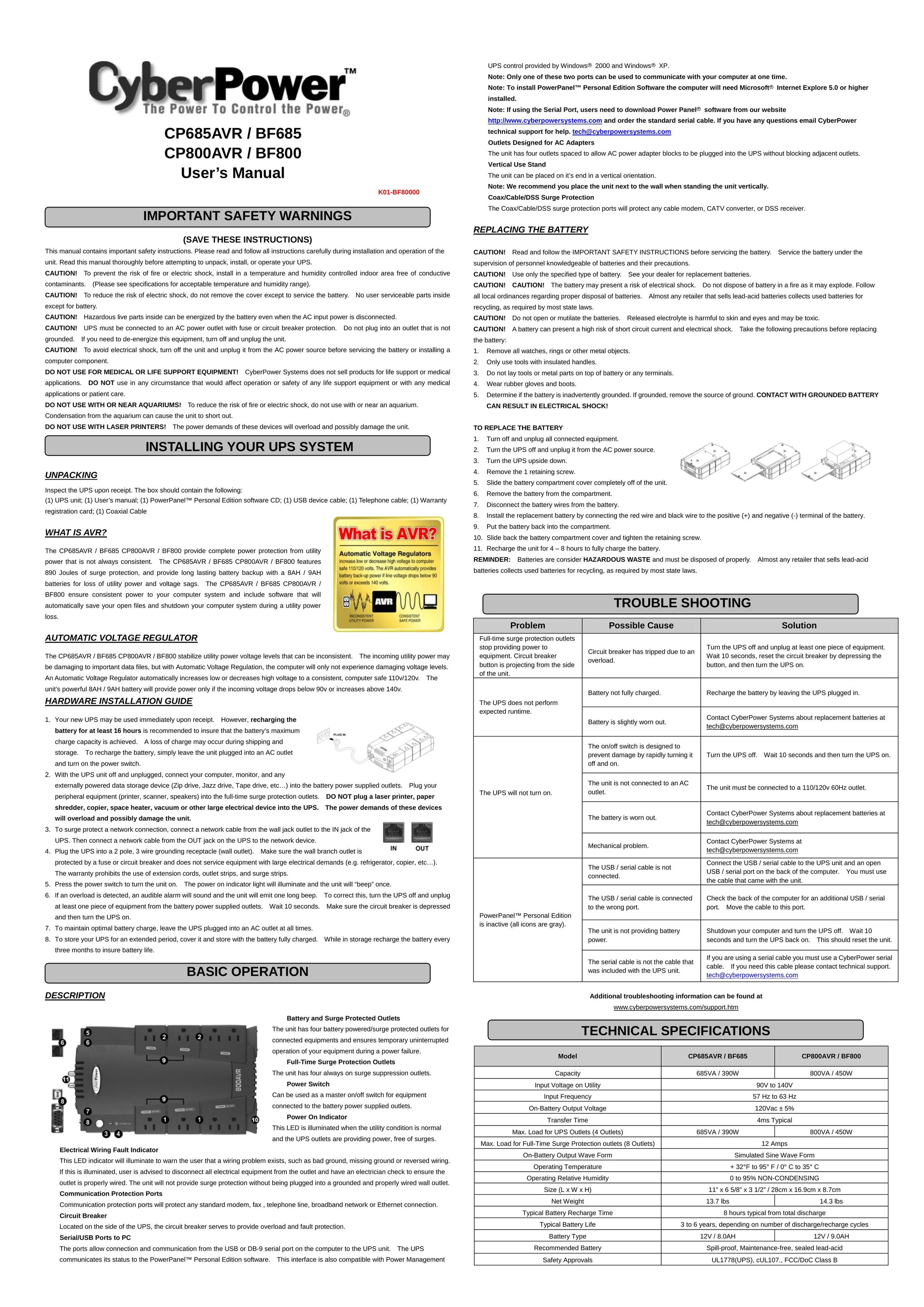 CyberPower CP685AVR / BF685 Power Supply User Manual