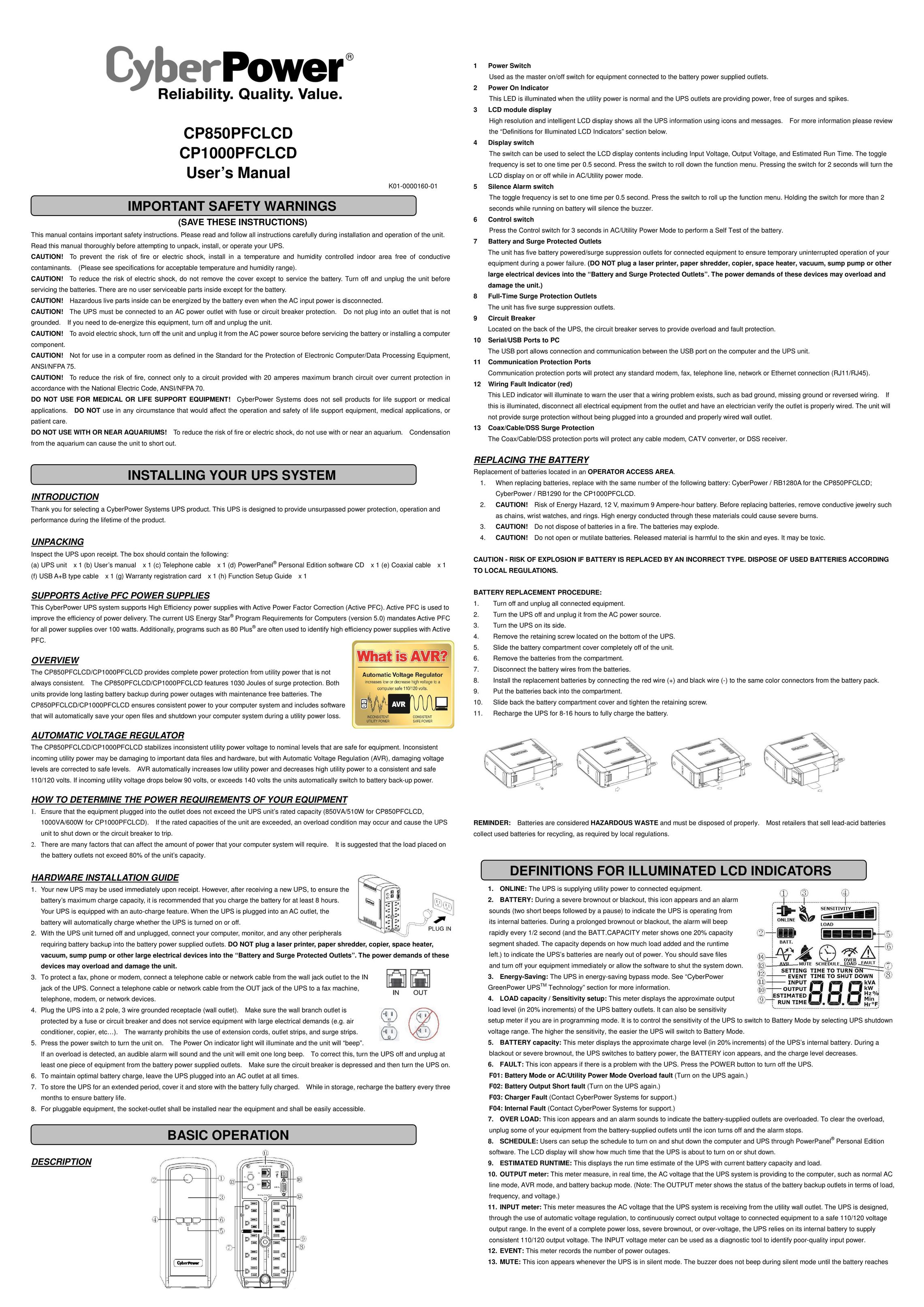 CyberPower CP850PFCLCD Power Supply User Manual
