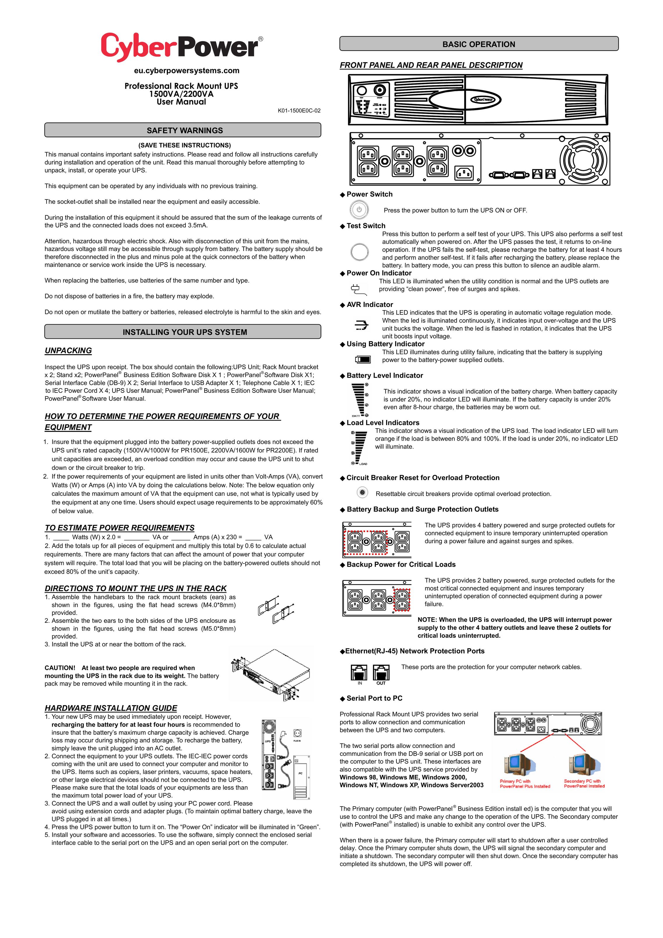 CyberPower Systems 2200VA Power Supply User Manual