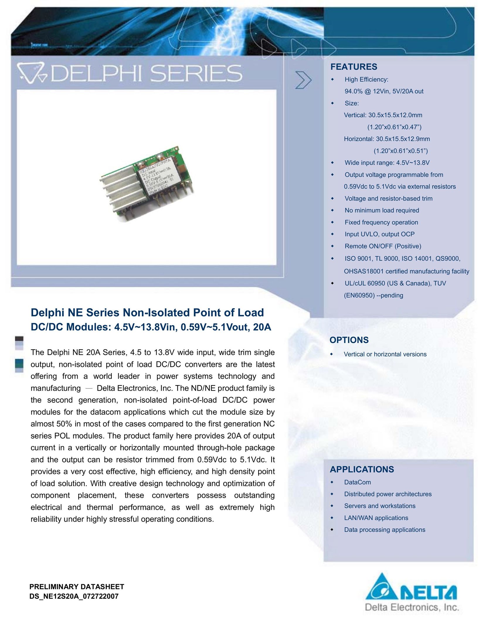 Delta Electronics 4.5V~13.8Vin Power Supply User Manual