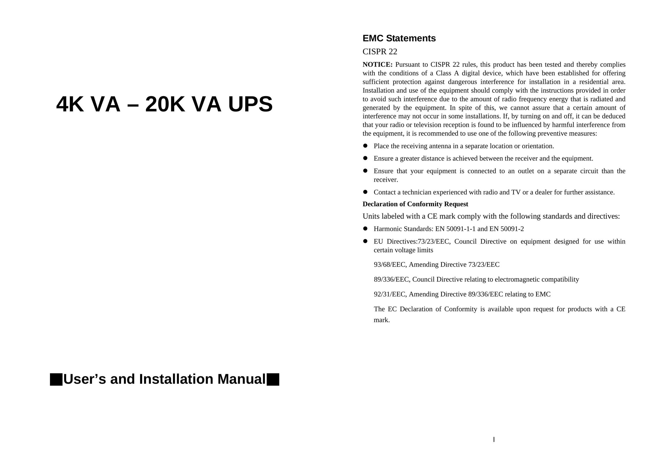 EMC 4K VA 20K VA UPS Power Supply User Manual