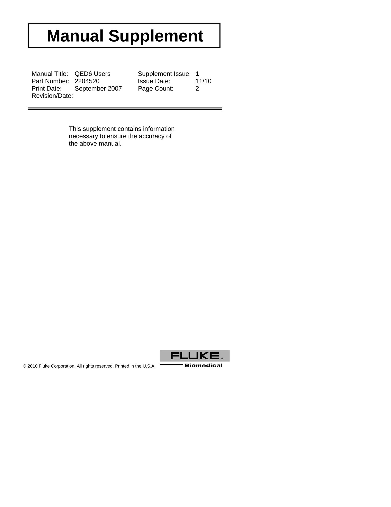 Fluke 2204520 Power Supply User Manual