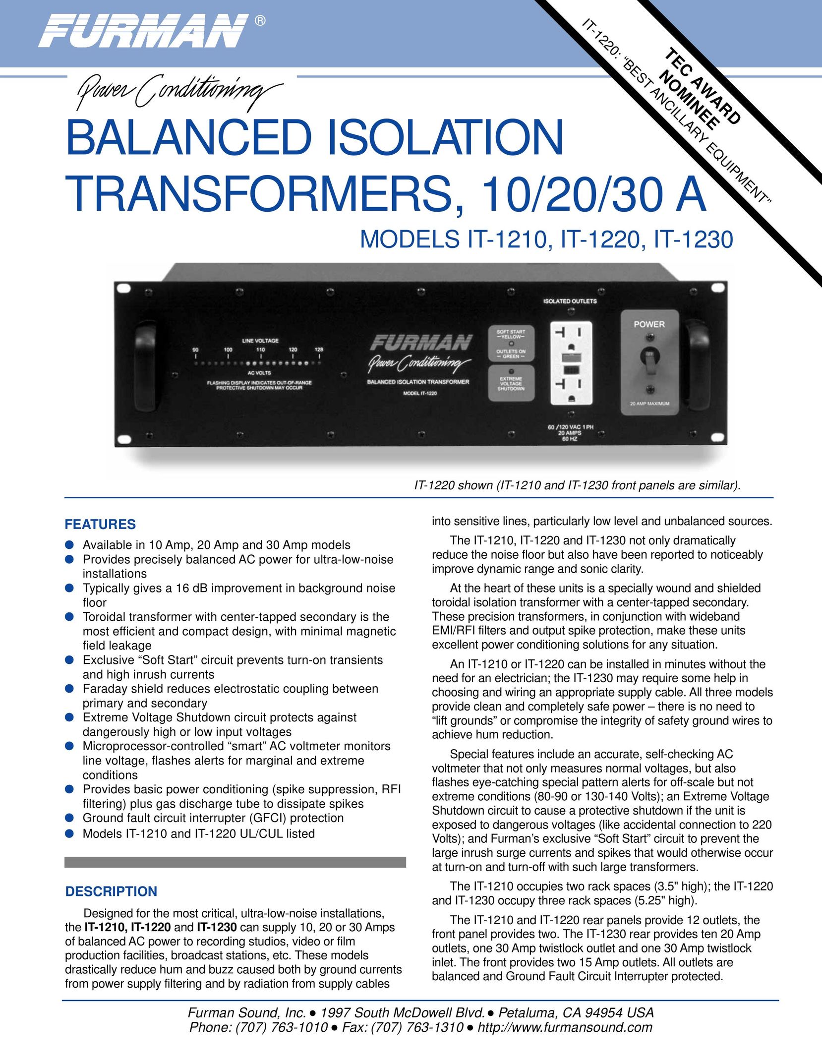 Furman Sound IT-1220 Power Supply User Manual