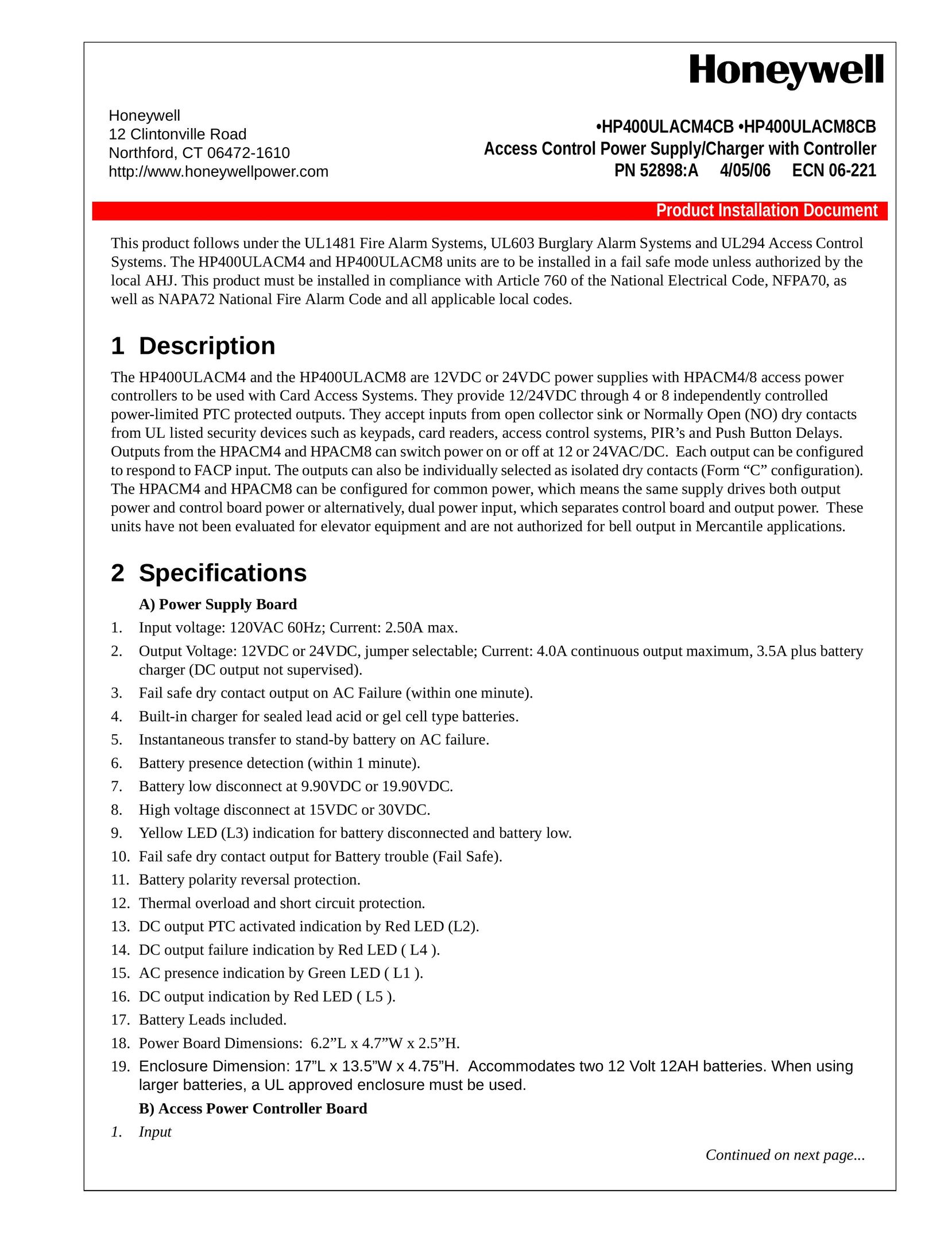 Honeywell HP40ULACM4CB Power Supply User Manual