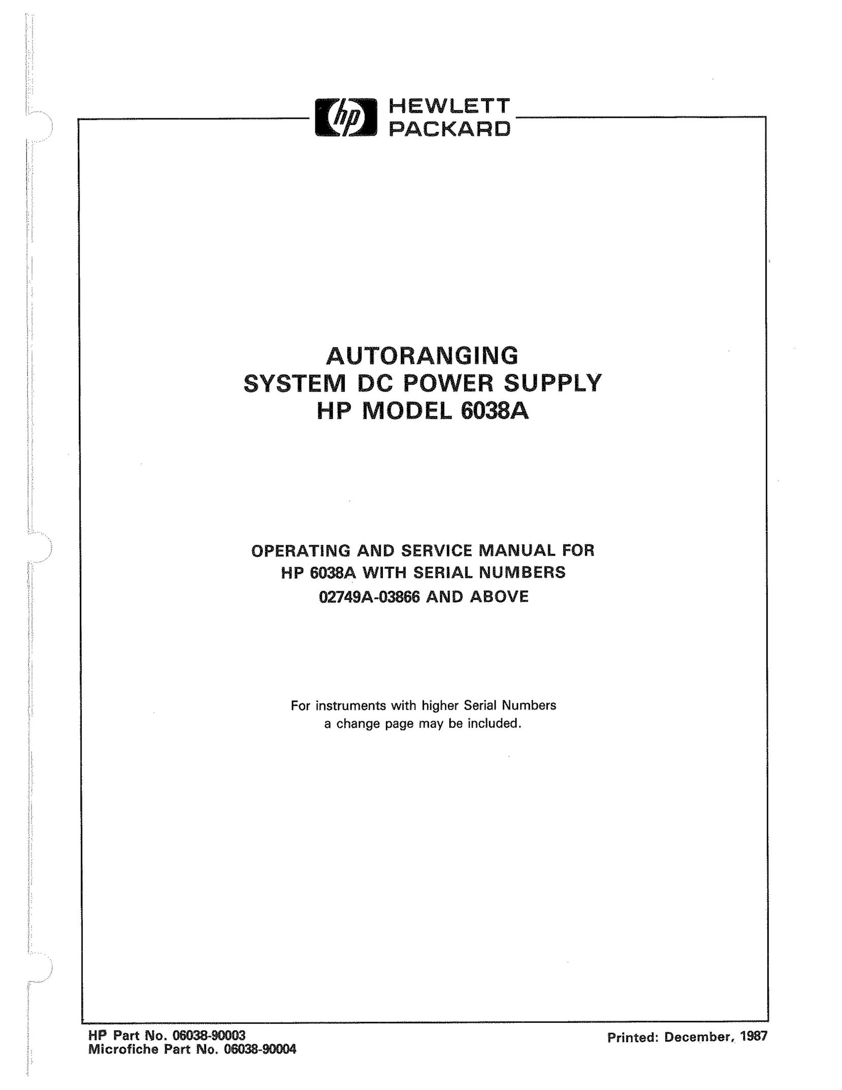 HP (Hewlett-Packard) 6038A Power Supply User Manual