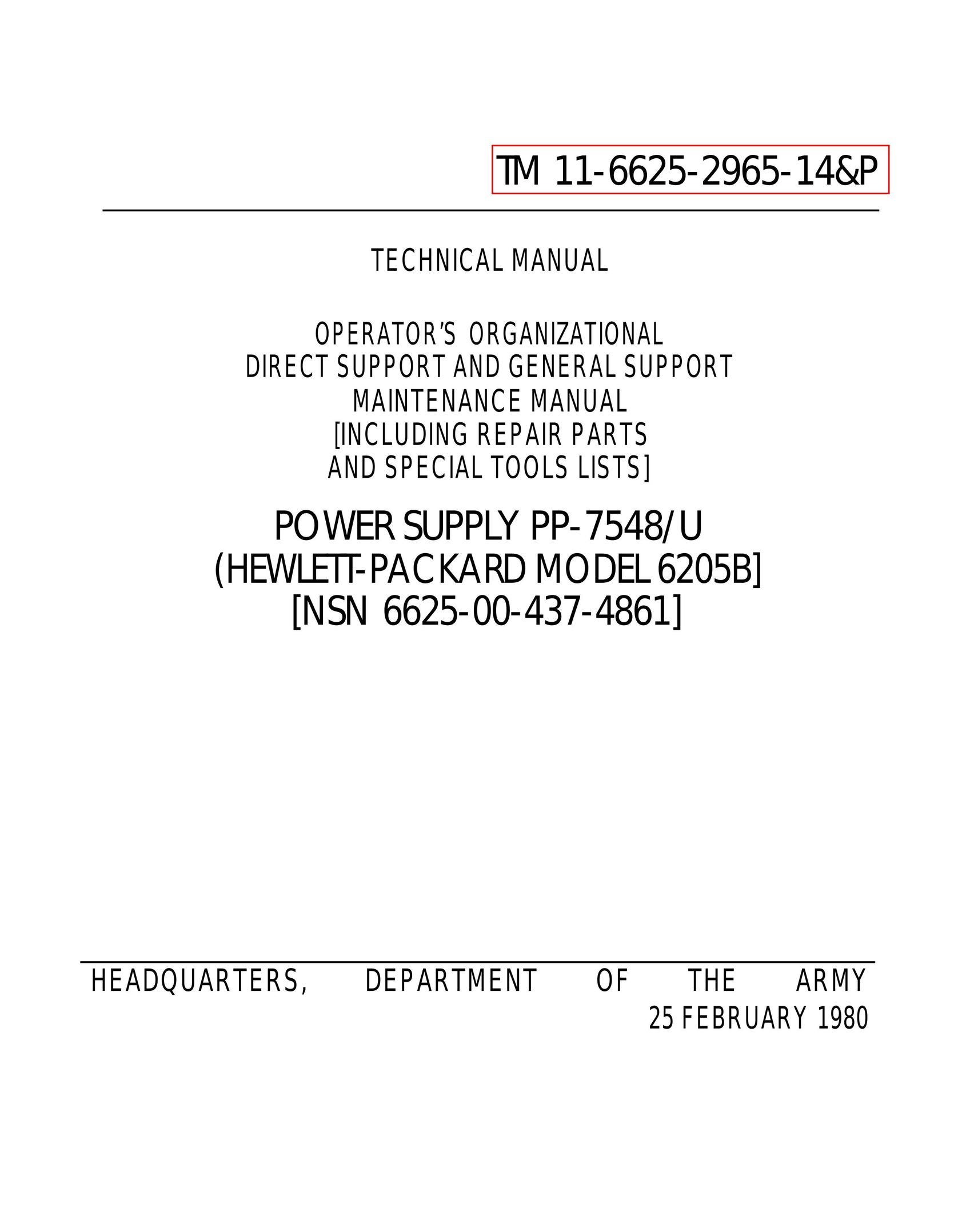HP (Hewlett-Packard) 6205B Power Supply User Manual