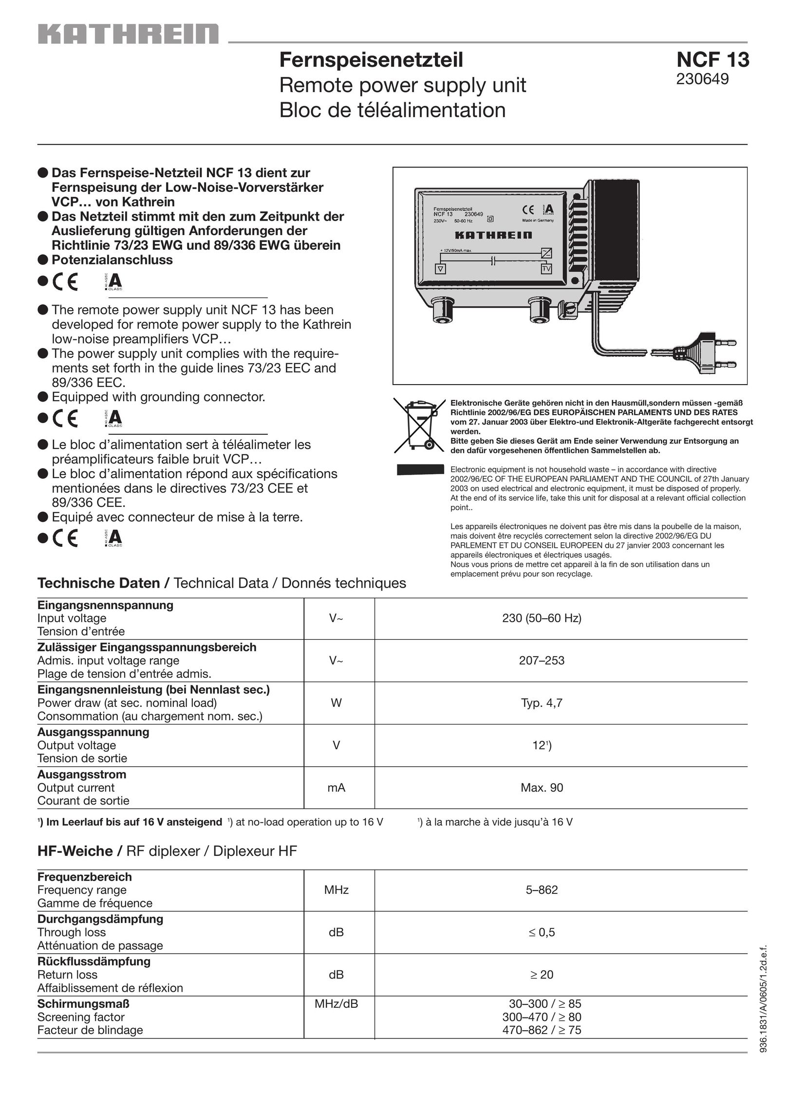 Kathrein NCF 13 Power Supply User Manual