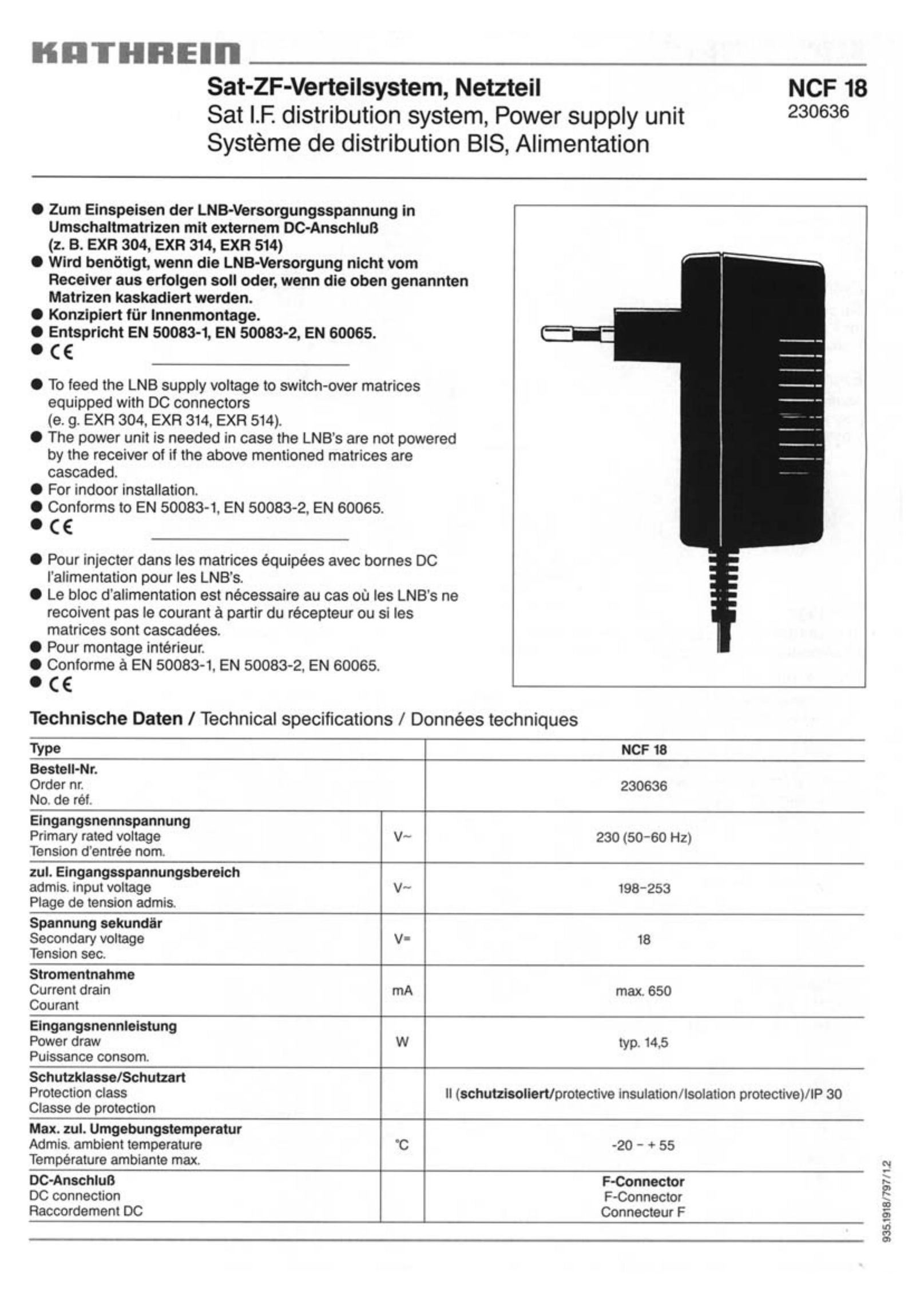 Kathrein NCF 18 Power Supply User Manual
