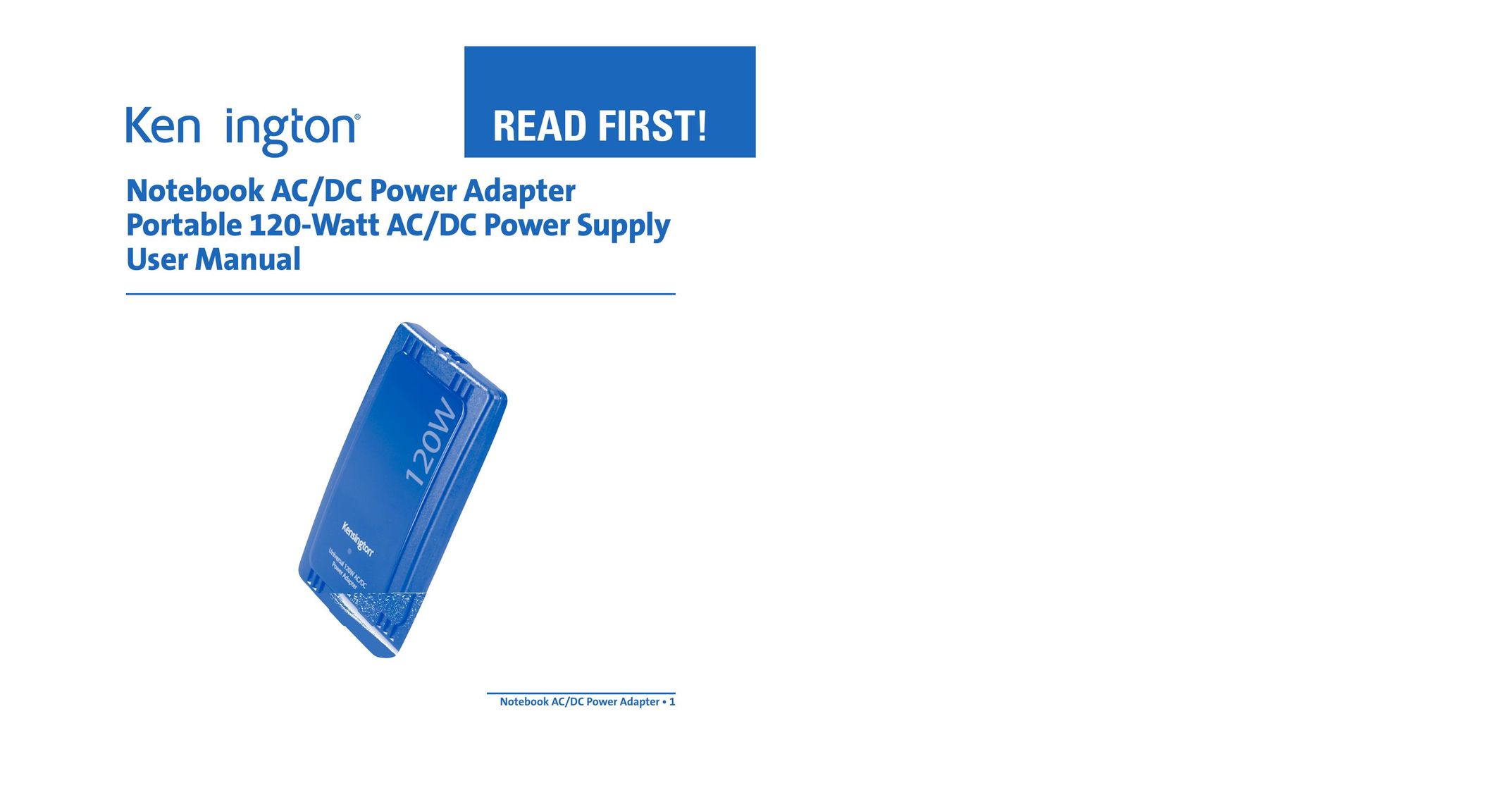 Kensington Notebook AC/DC Power Adapter Portable 120-Watt AC/DC Power Supply Power Supply User Manual
