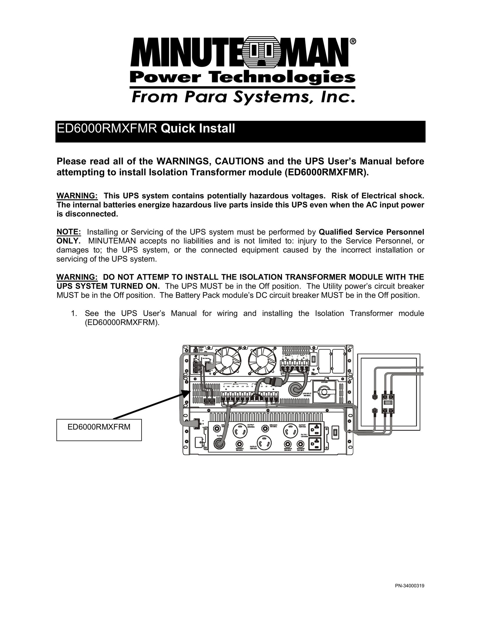 Minuteman UPS ED6000RMXFMR Power Supply User Manual