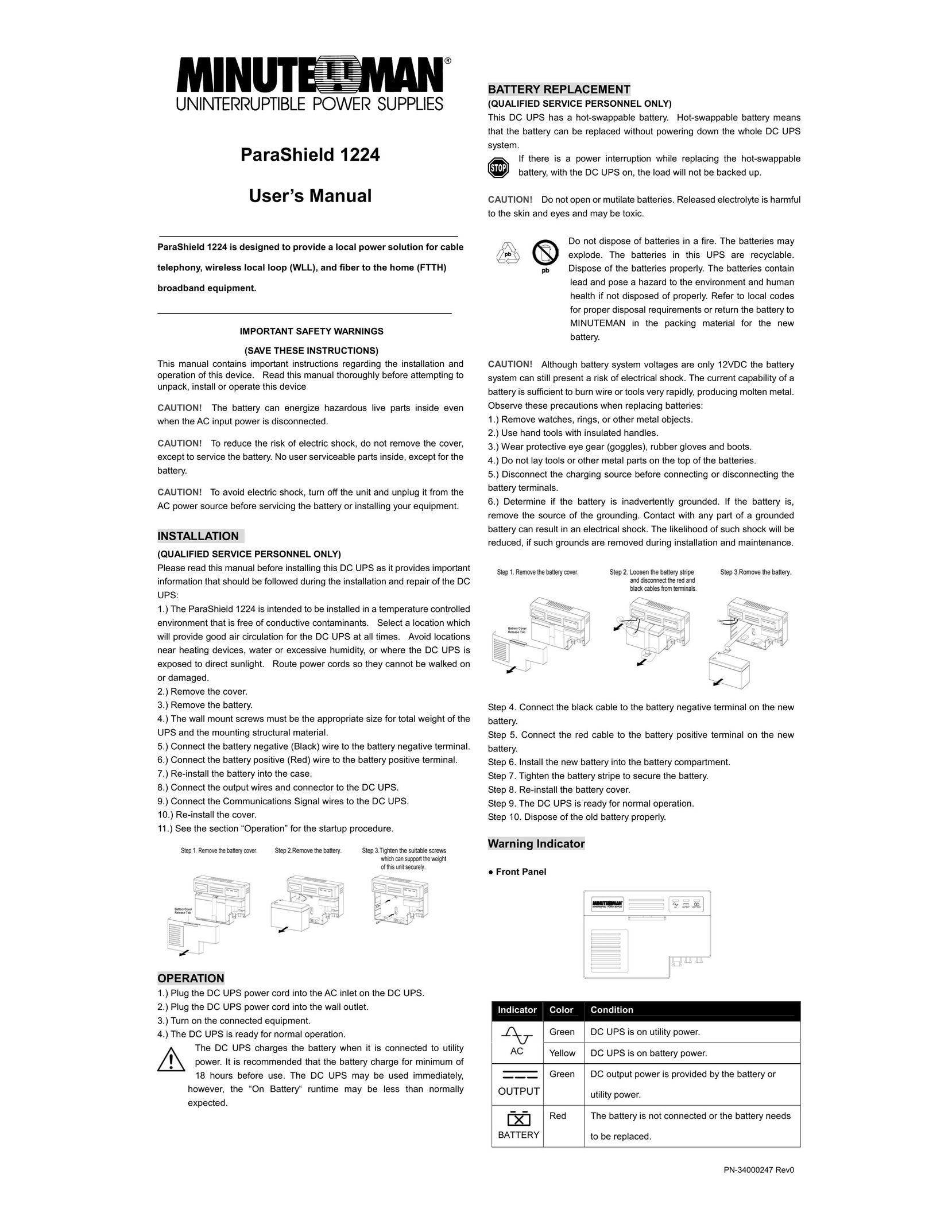 Minuteman UPS PN-34000247 Power Supply User Manual