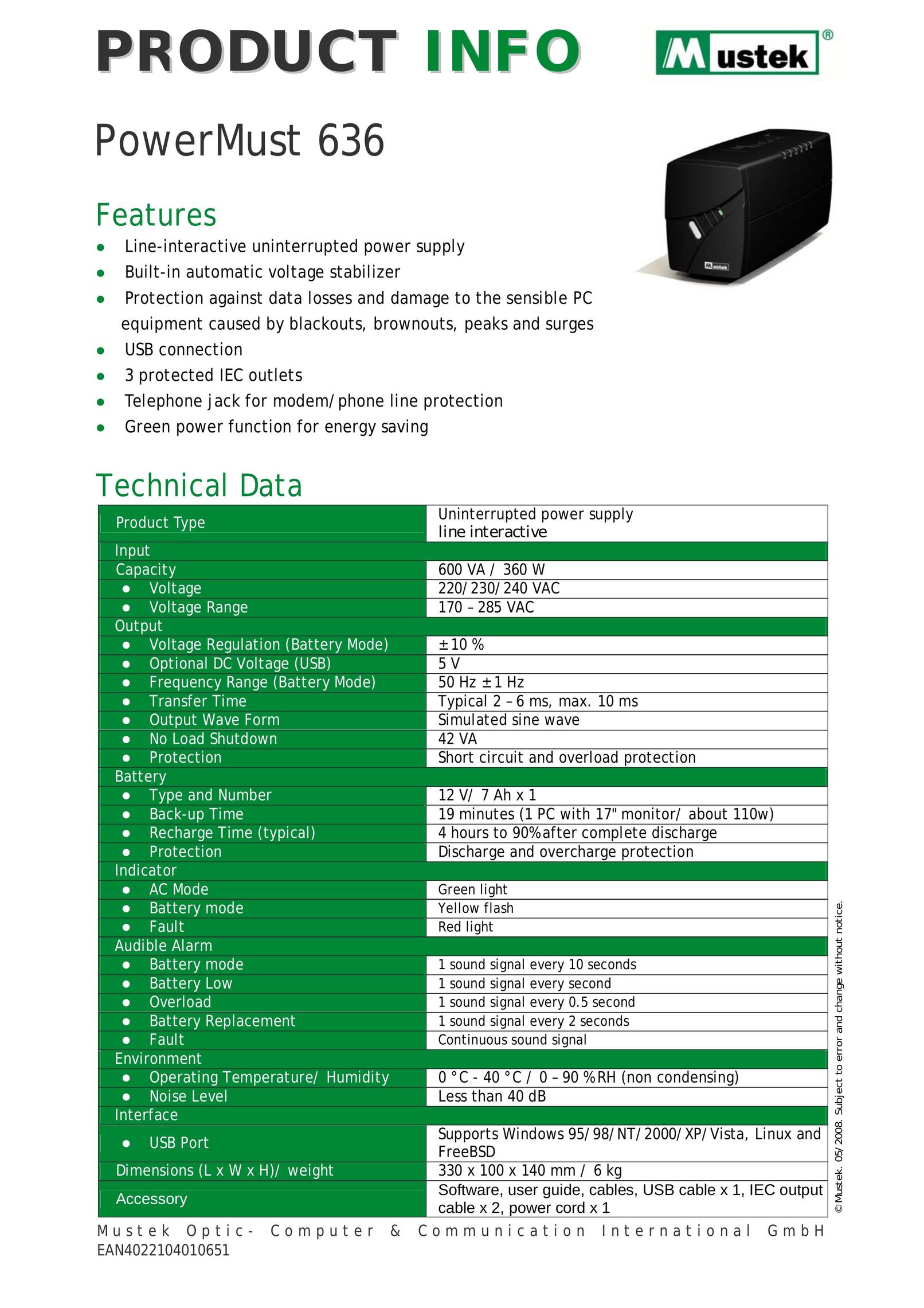 Mustek 636 Power Supply User Manual