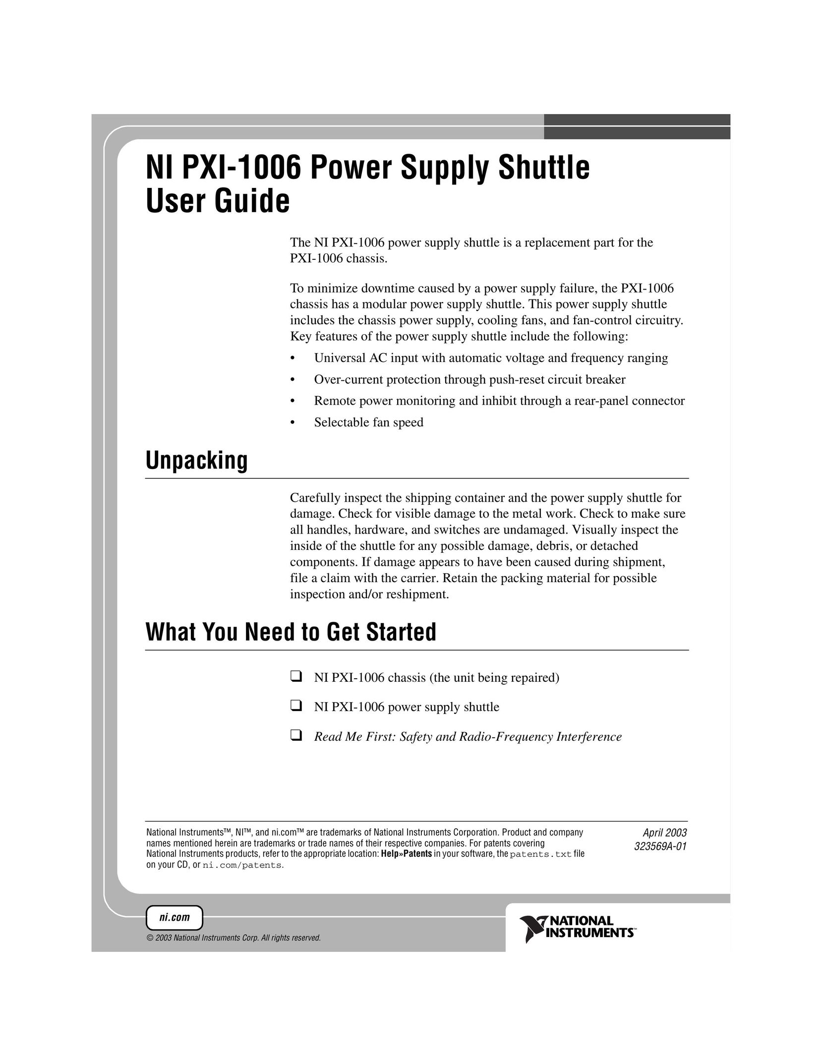 National Instruments NI PXI-1006 Power Supply User Manual
