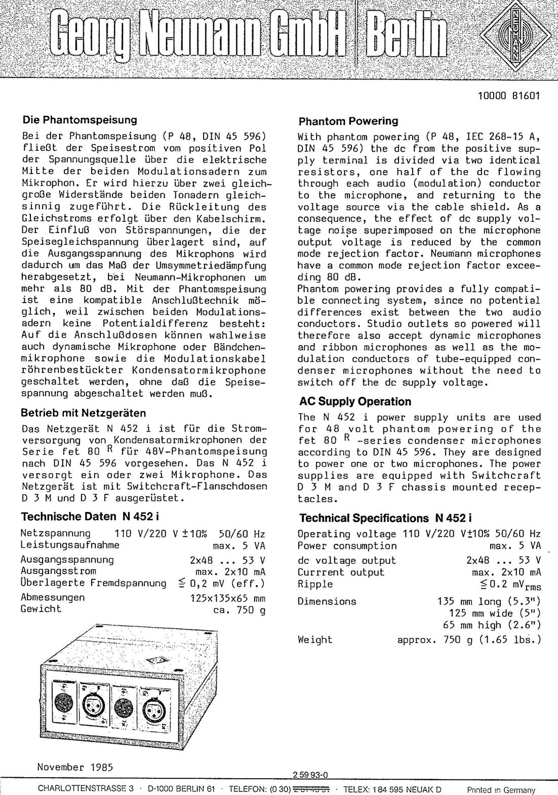 Neumann.Berlin N 452 i Power Supply User Manual