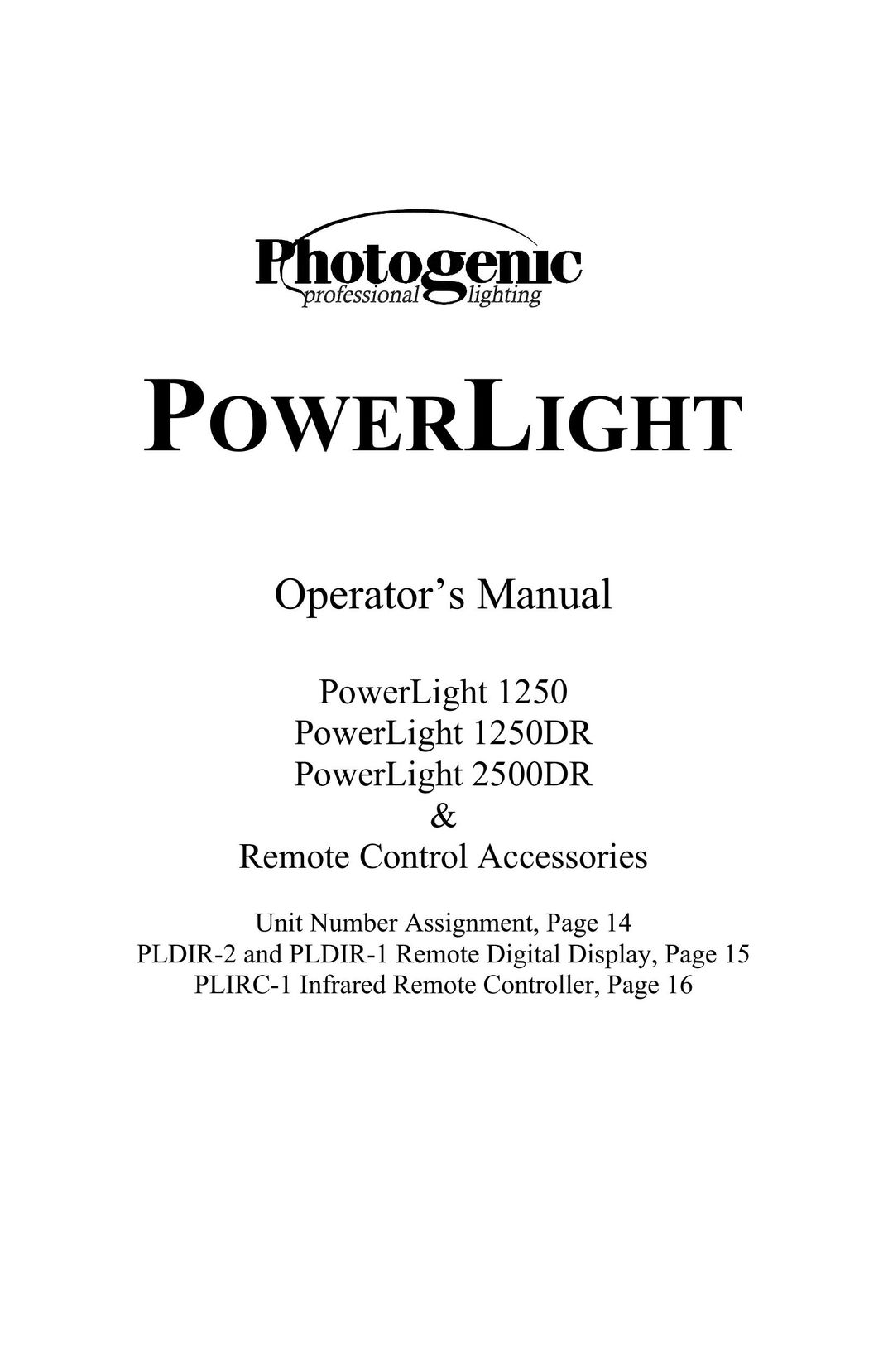 Photogenic Professional Lighting 1250, 1250DR, 2500DR Power Supply User Manual