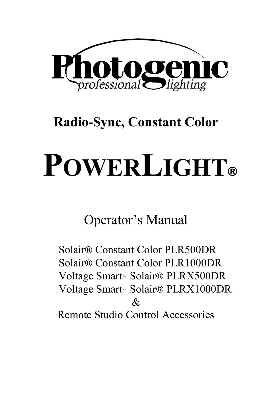 Photogenic Professional Lighting PLR1000DR Power Supply User Manual