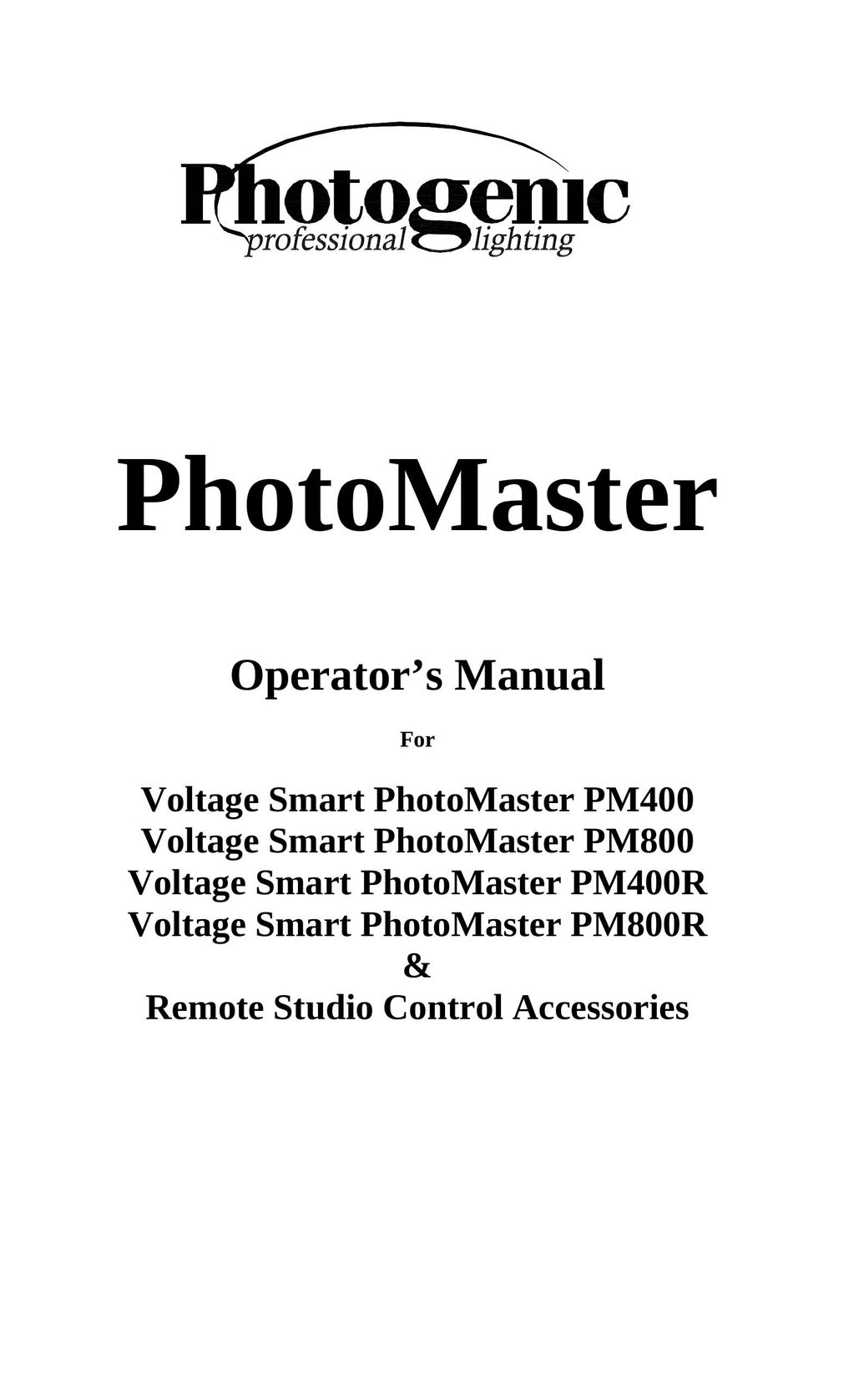 Photogenic Professional Lighting PM400 Power Supply User Manual