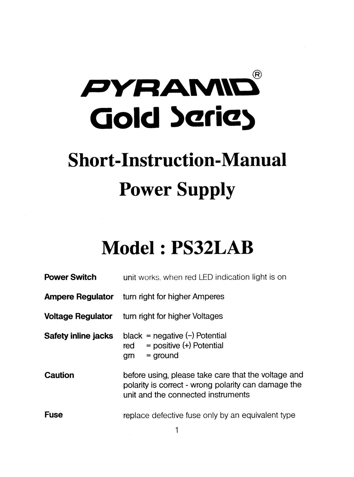 Pyramid Technologies PS32LAB Power Supply User Manual