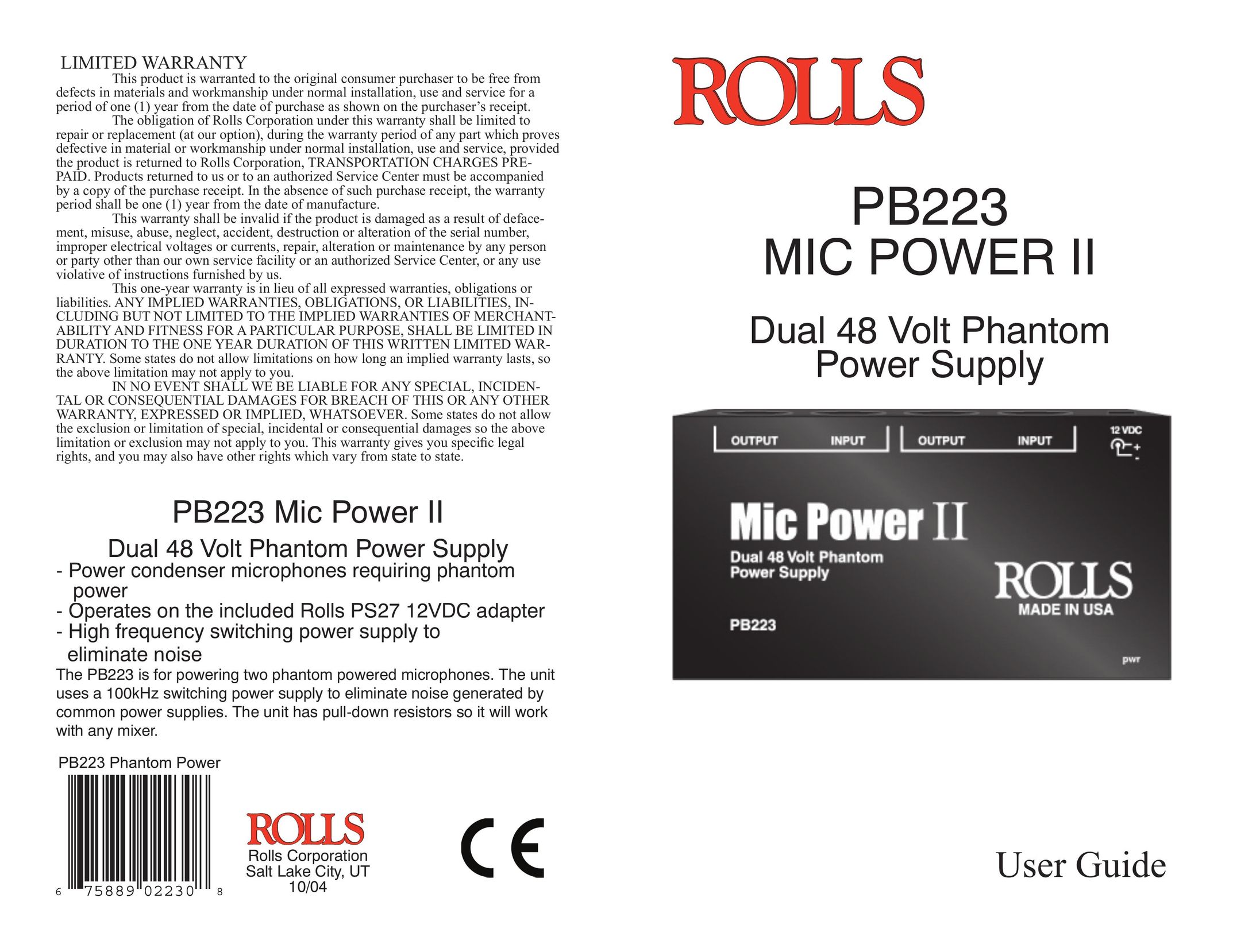 Rolls PB223 Power Supply User Manual