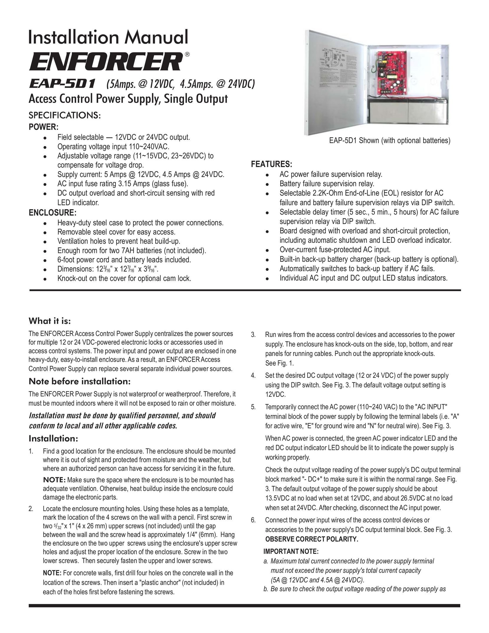 SECO-LARM USA EAP-5D1 Power Supply User Manual