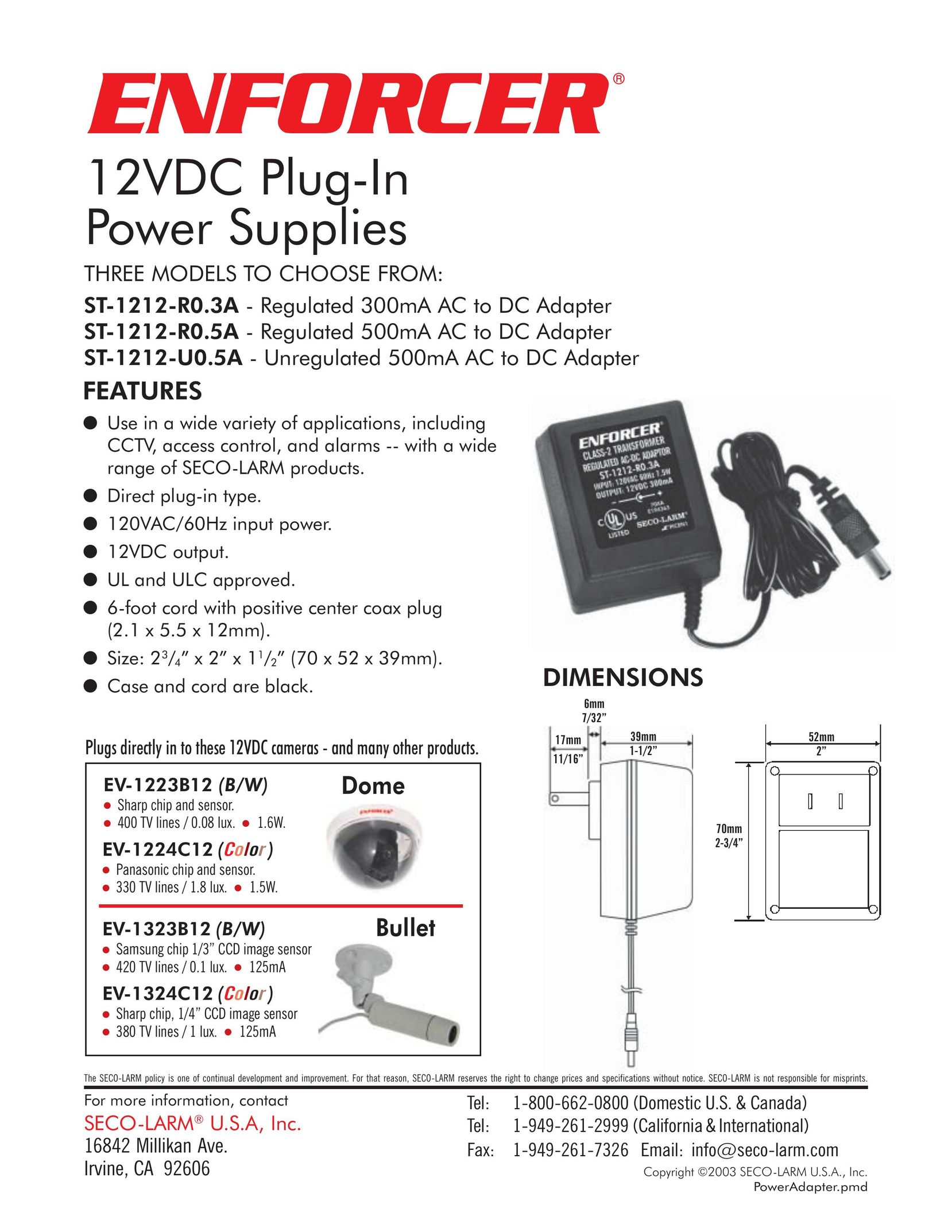 SECO-LARM USA EV-1223B12 Power Supply User Manual
