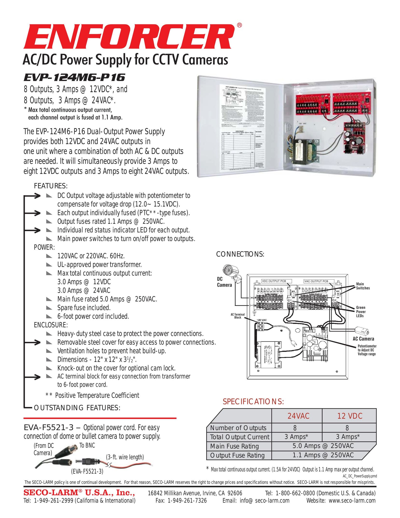 SECO-LARM USA EVP-124M6-P16 Power Supply User Manual