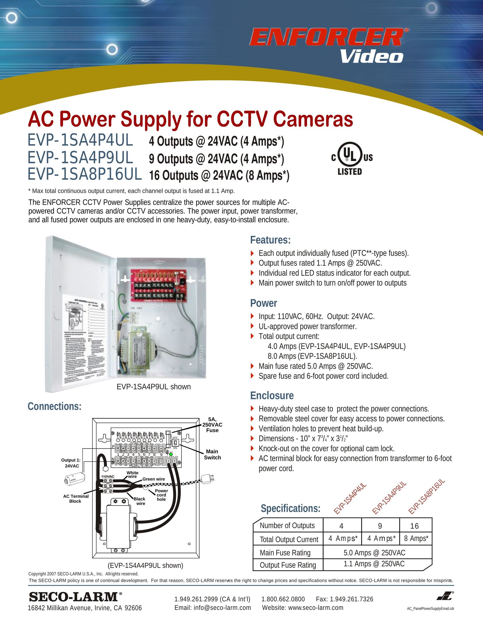 SECO-LARM USA EVP-1SA4P4UL Power Supply User Manual