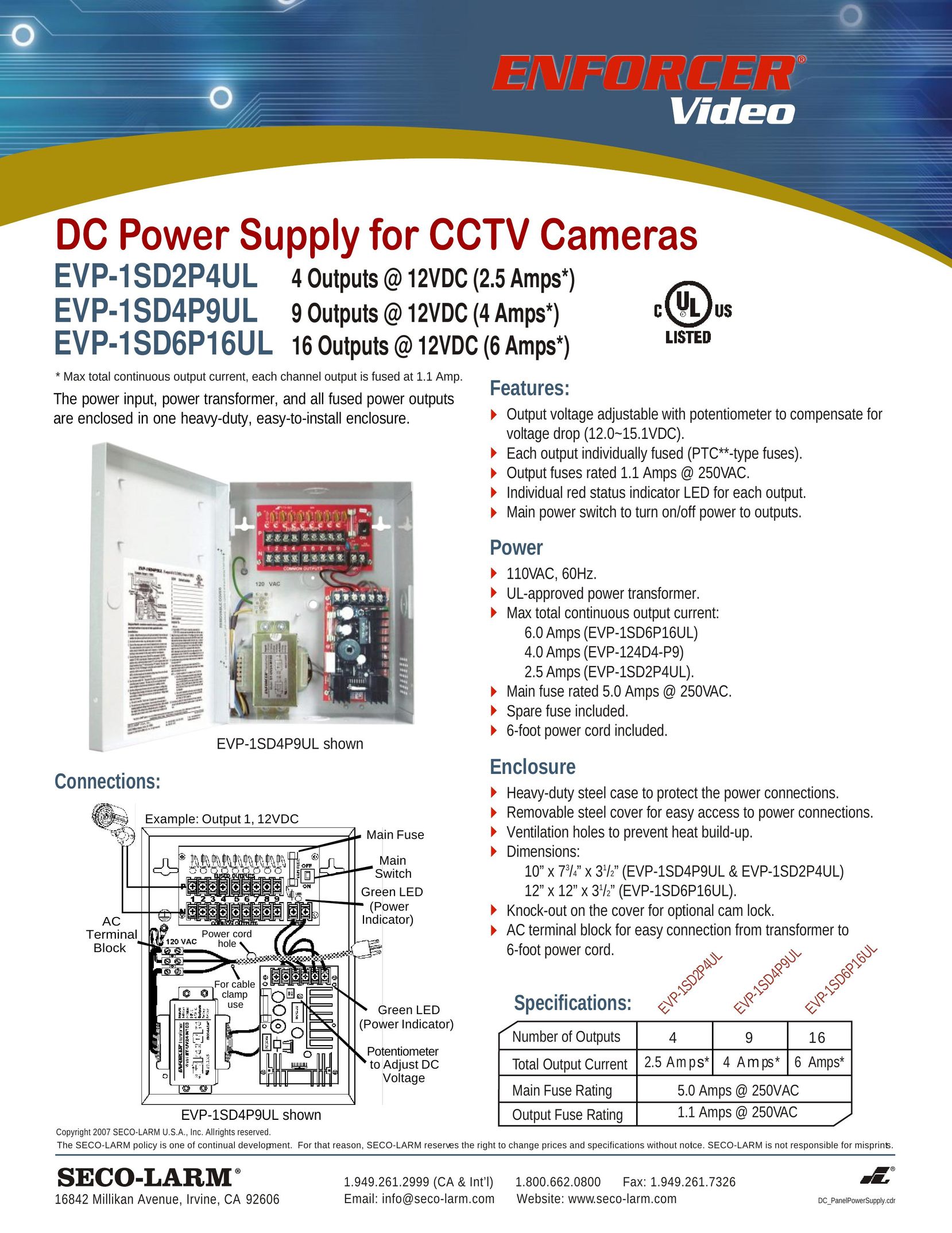 SECO-LARM USA EVP-1SD2P4UL Power Supply User Manual