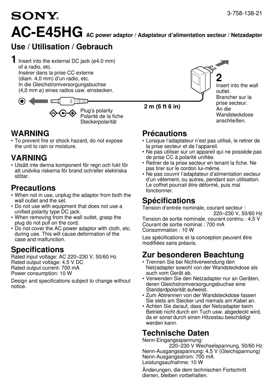 Sony AC E45HG Power Supply User Manual
