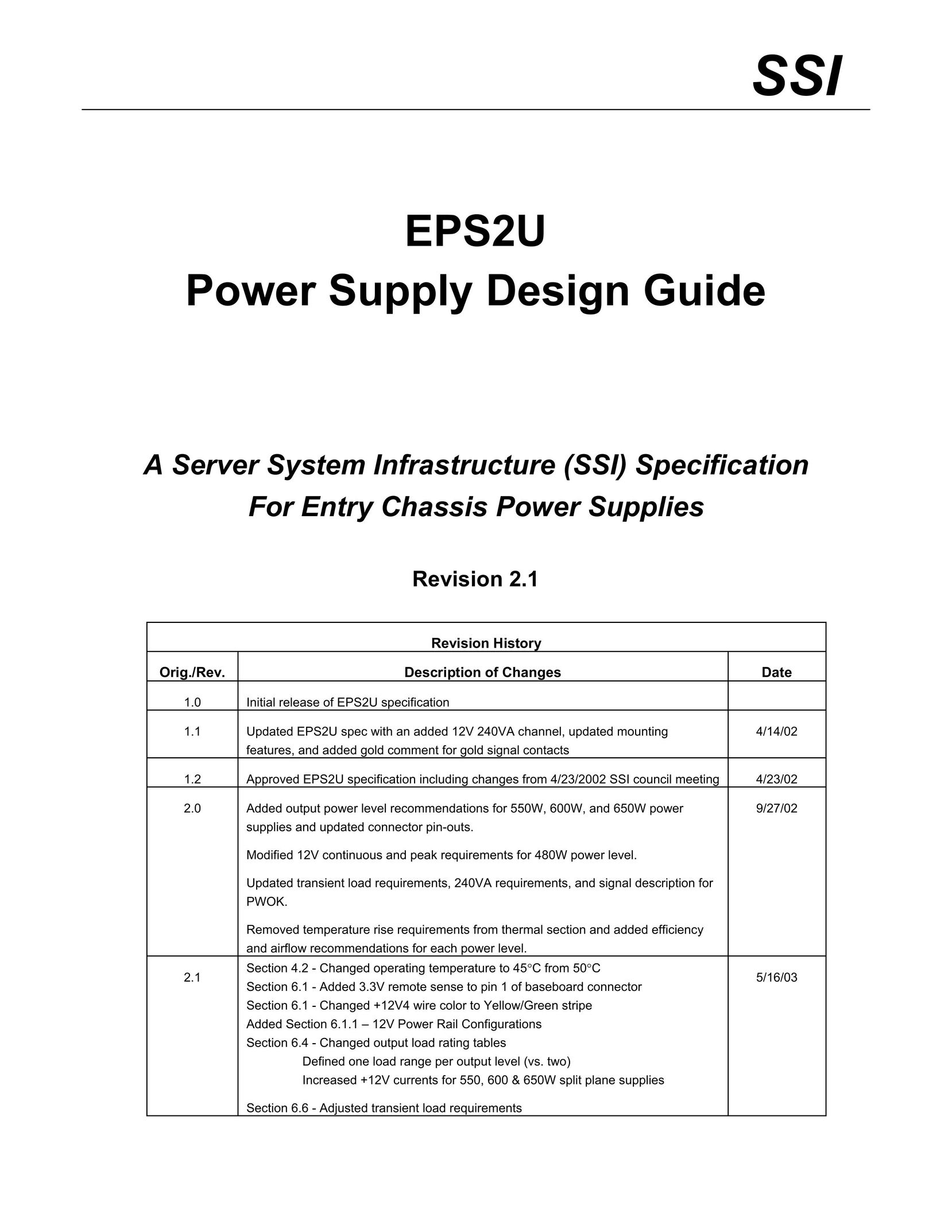 SSI America EPS2U Power Supply User Manual