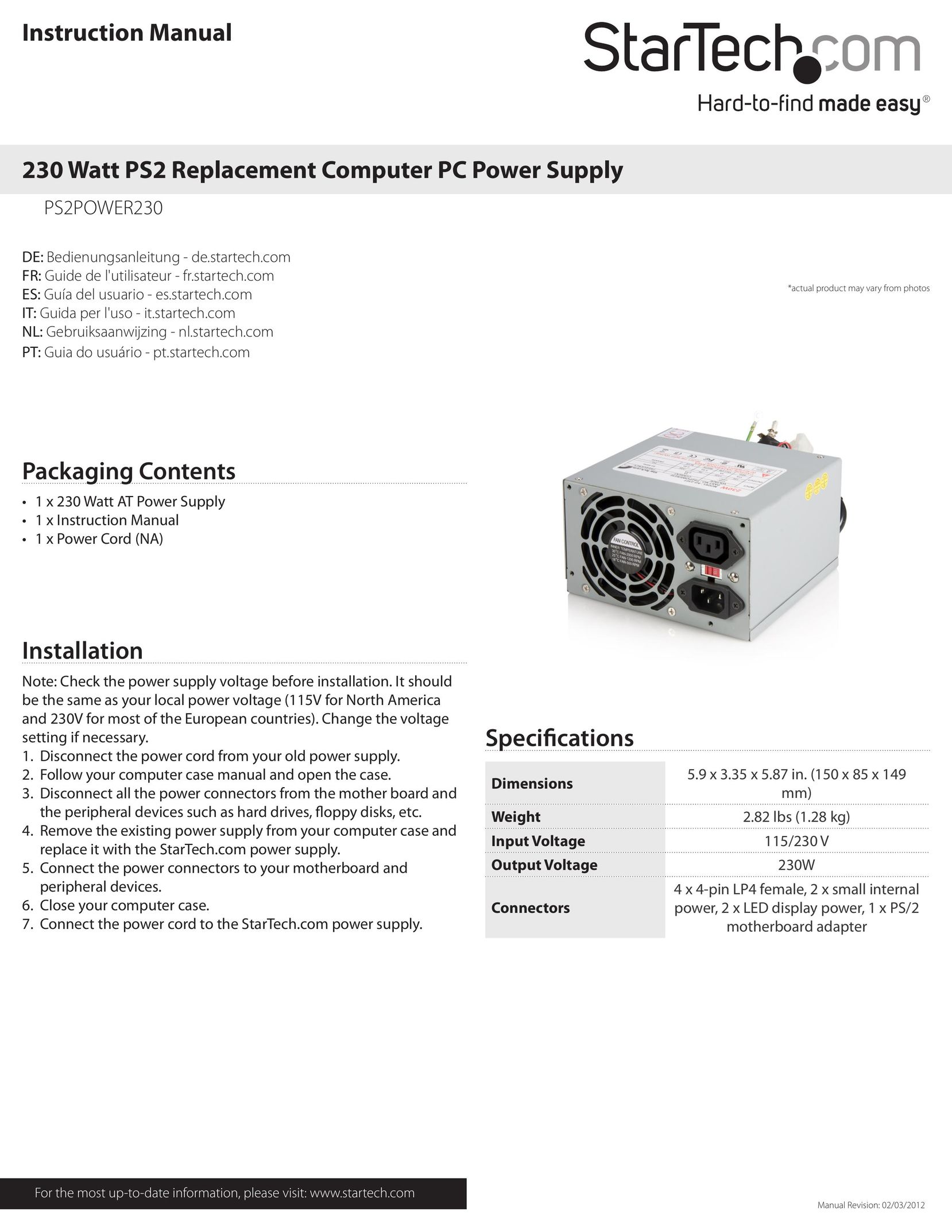 StarTech.com PS2POWER230 Power Supply User Manual