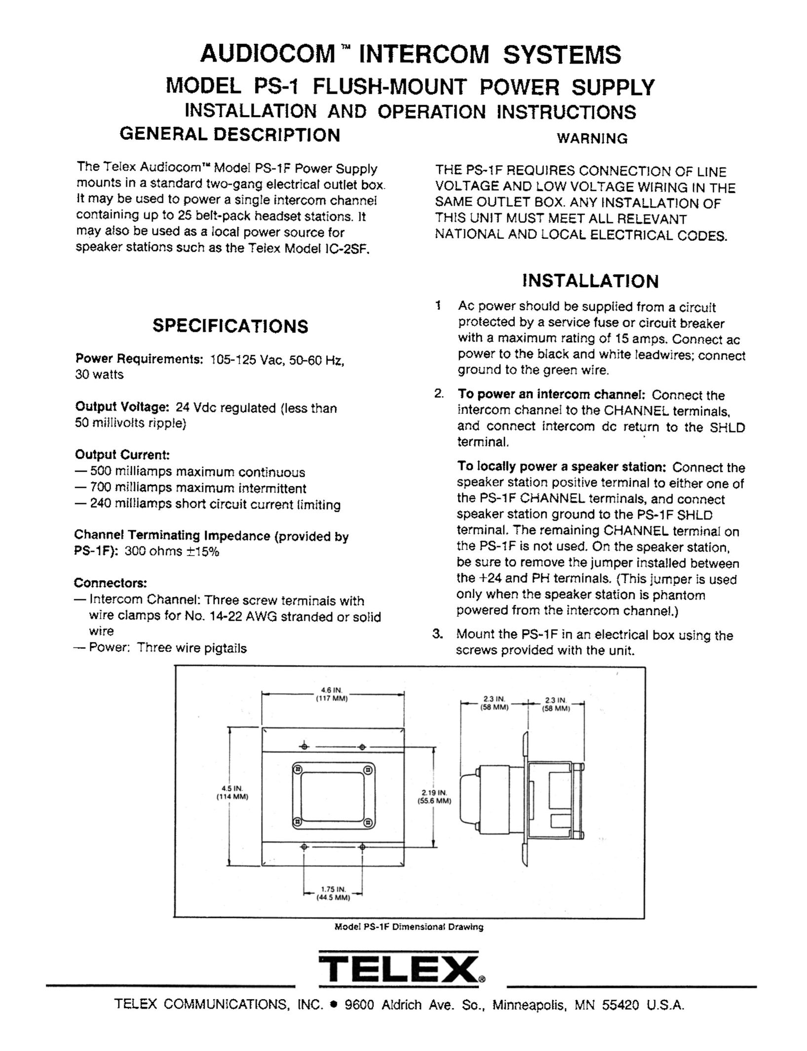 Telex PS-1 Power Supply User Manual