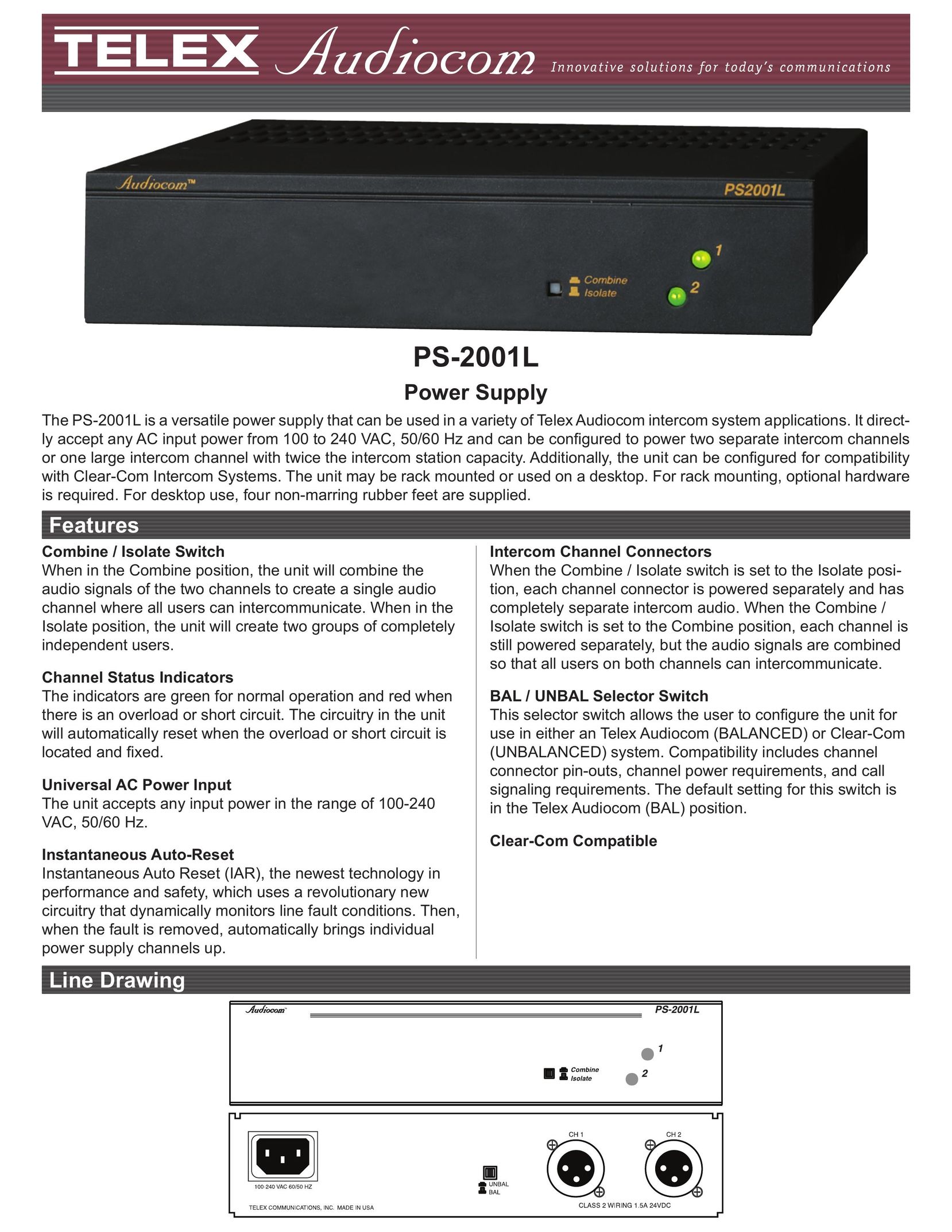 Telex PS-2001L Power Supply User Manual