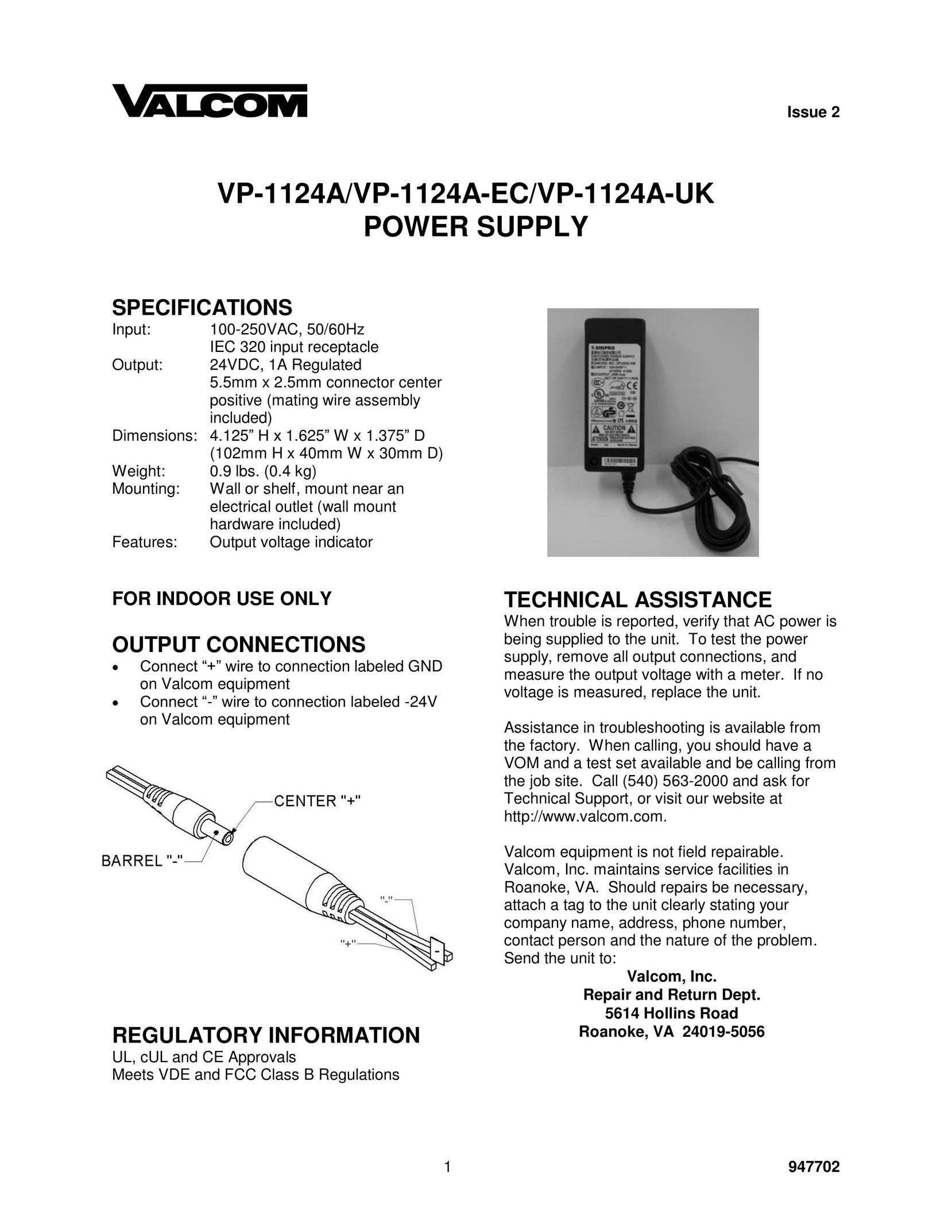 Valcom VP-1124A-UK Power Supply User Manual