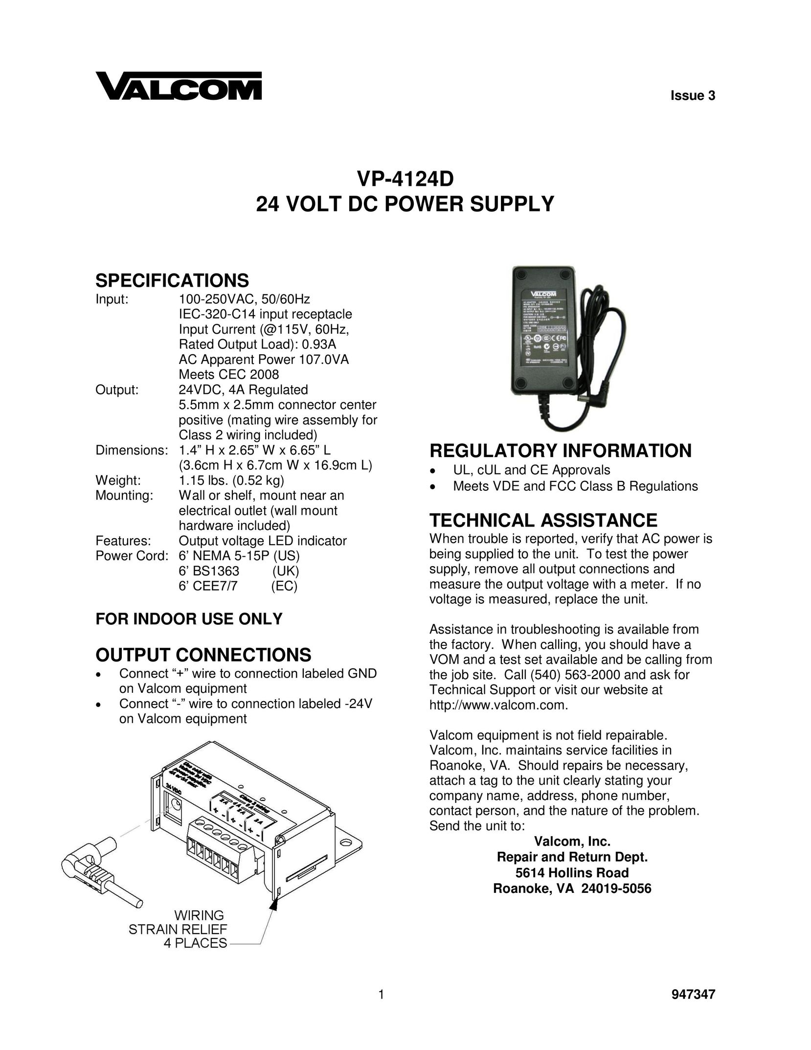 Valcom VP-4124D Power Supply User Manual