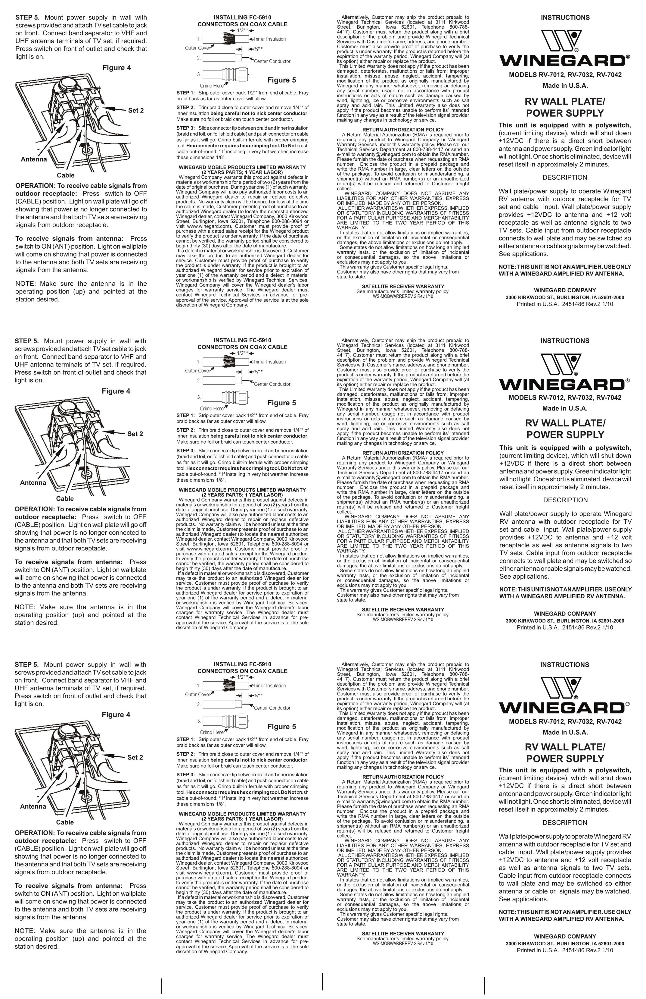 Winegard RV-7012 Power Supply User Manual