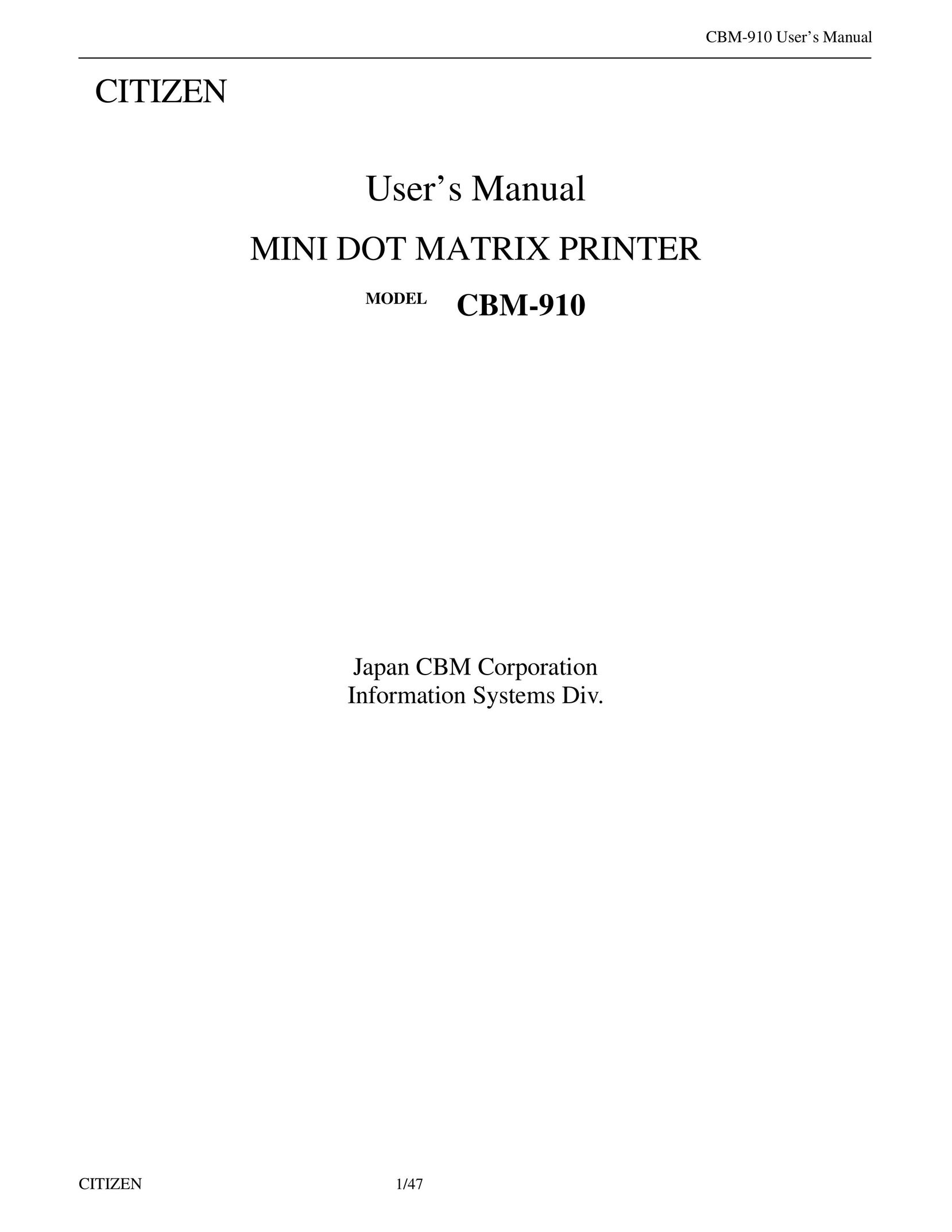 Citizen Systems CBM-910 Printer User Manual