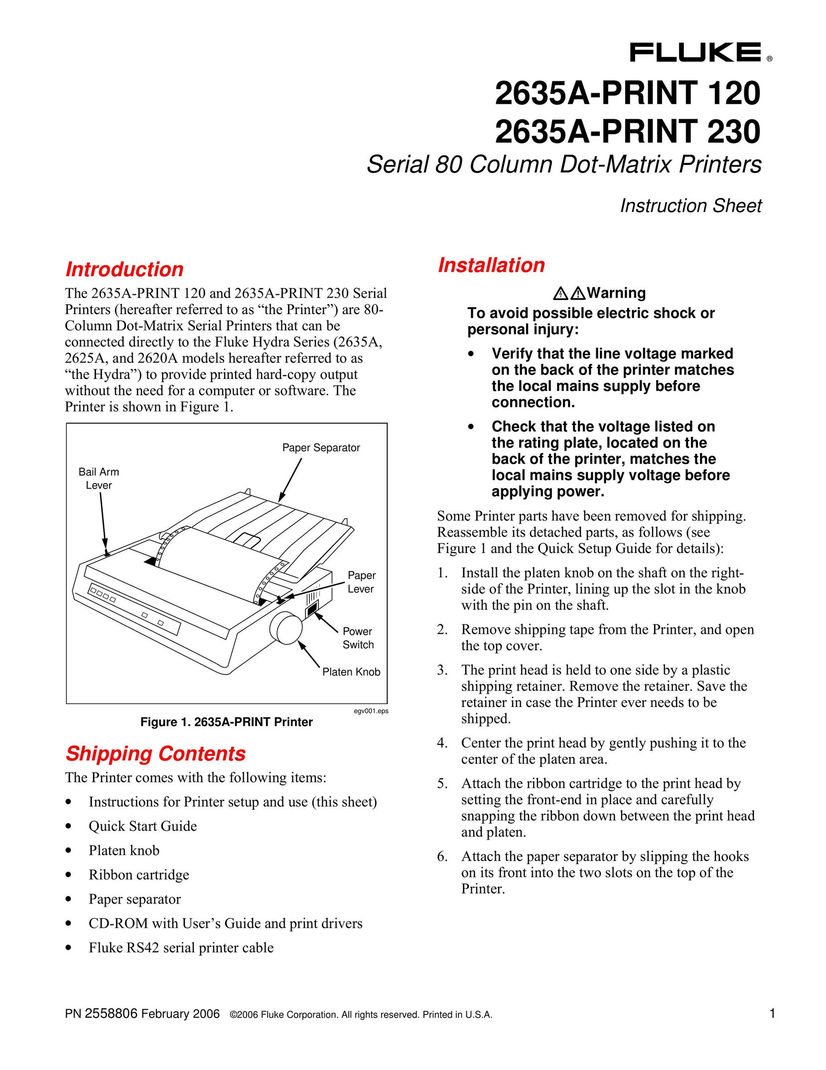 Fluke 2635A-PRINT 120 Printer User Manual