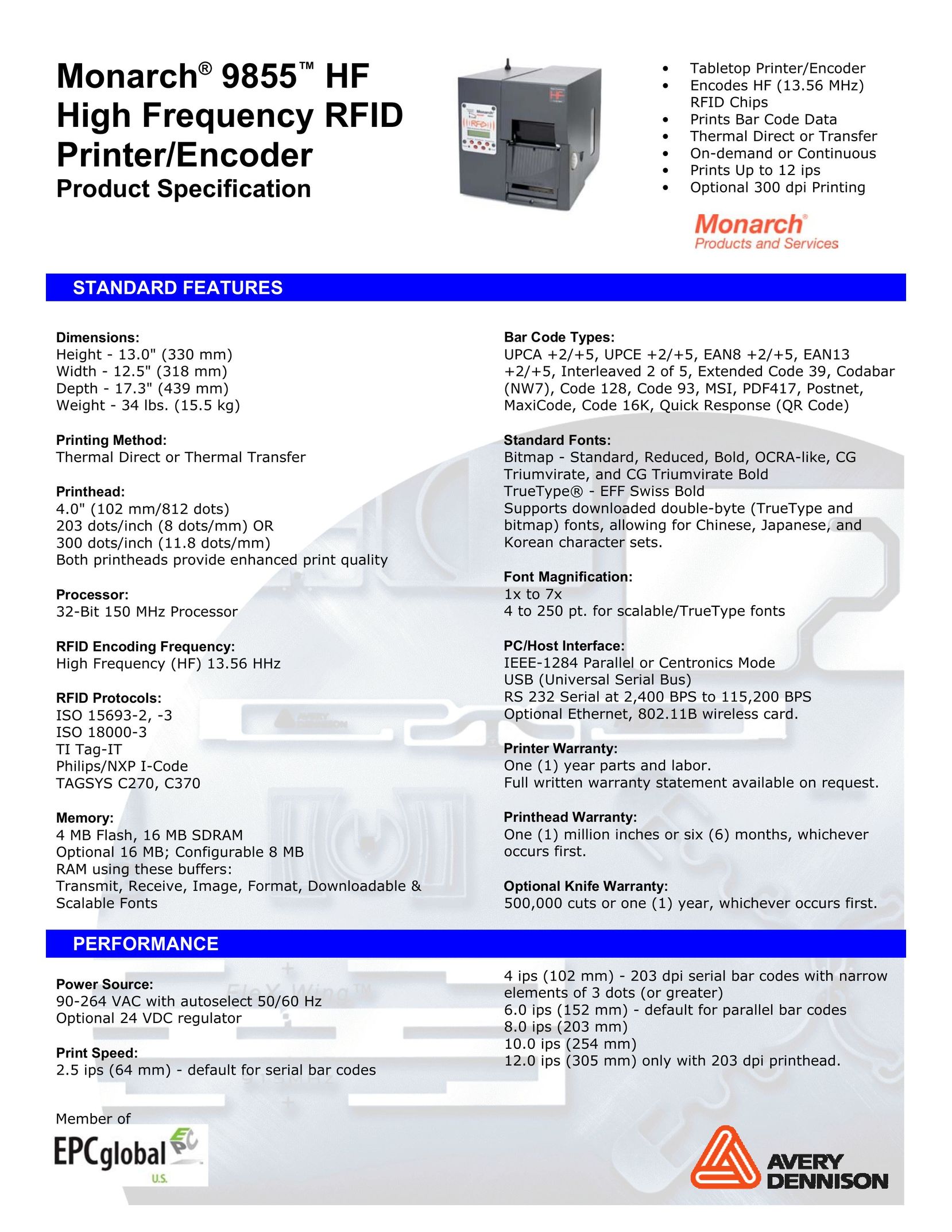 Monarch 9855 HF Printer User Manual