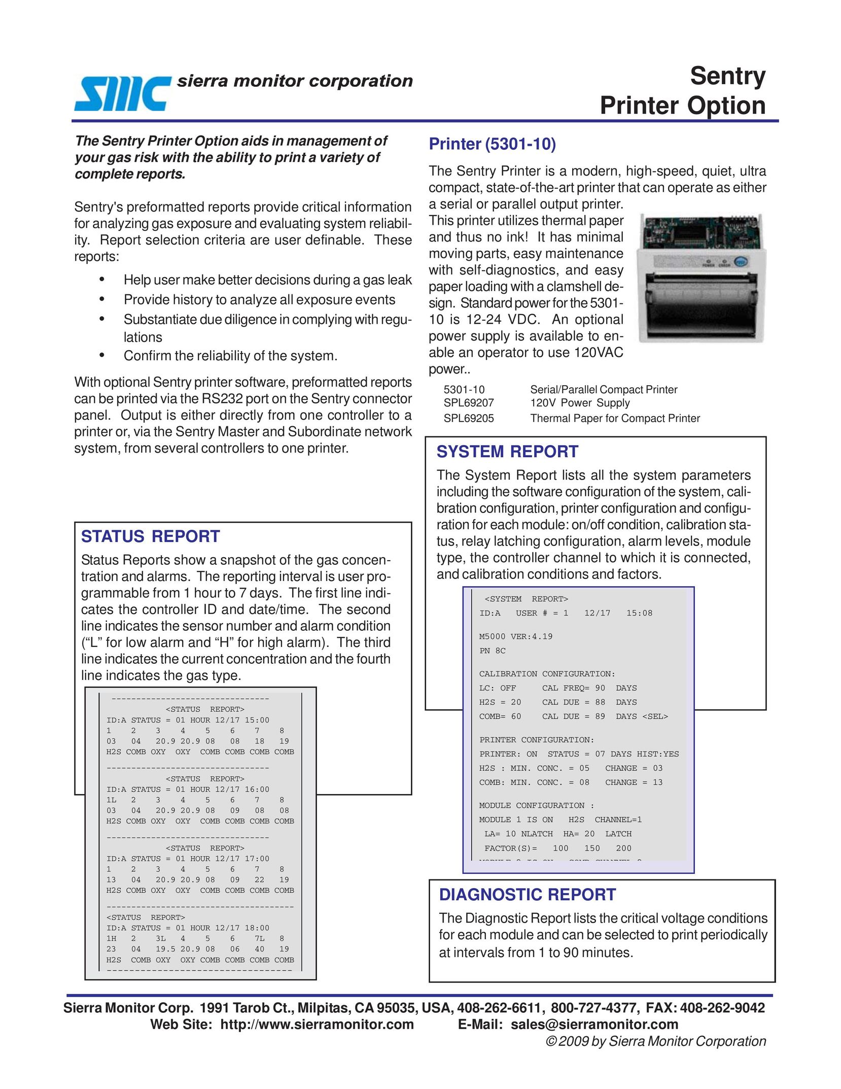Sierra Monitor Corporation 5301-10 Printer User Manual
