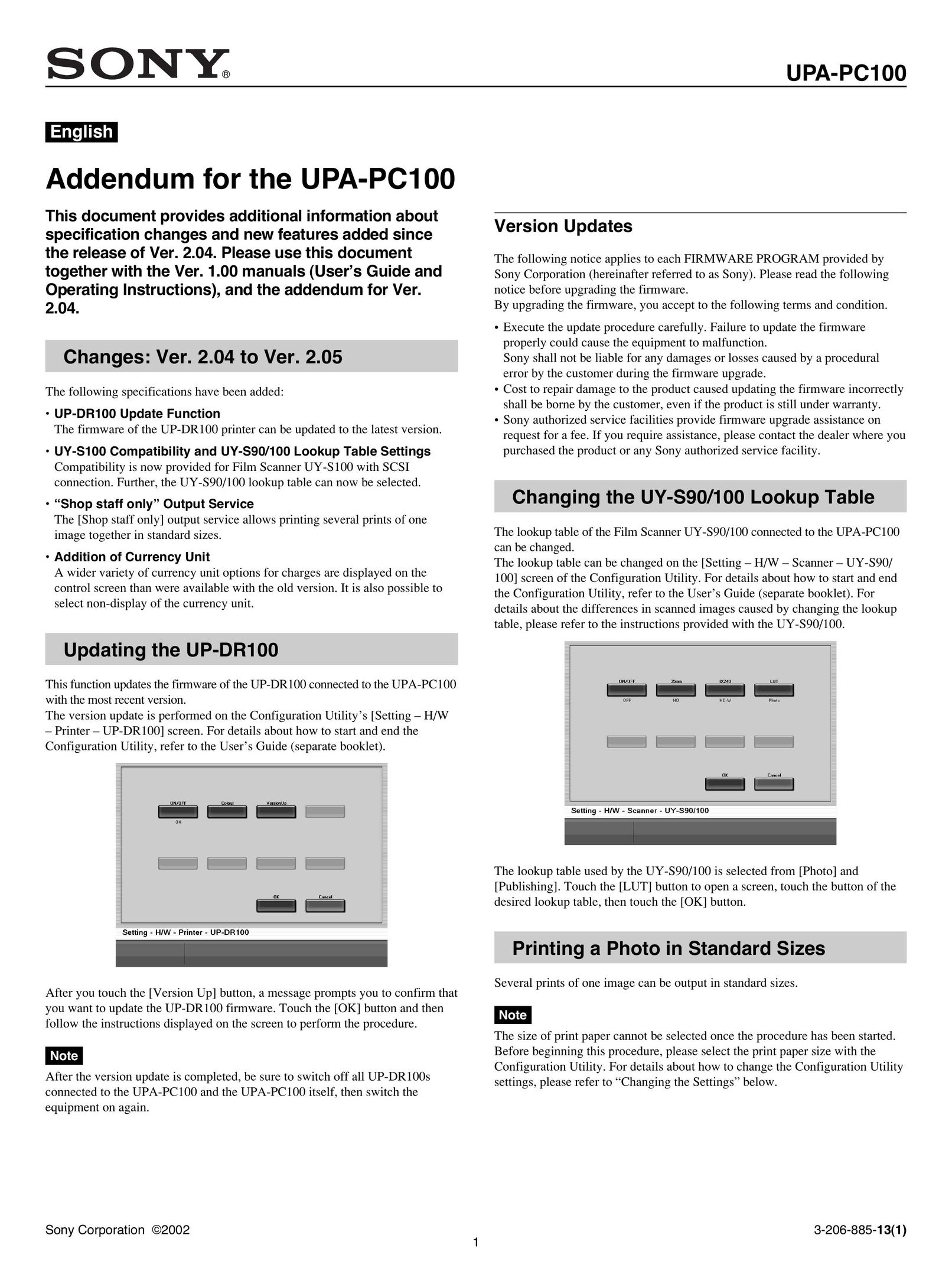Sony UPA-PC100 Printer User Manual