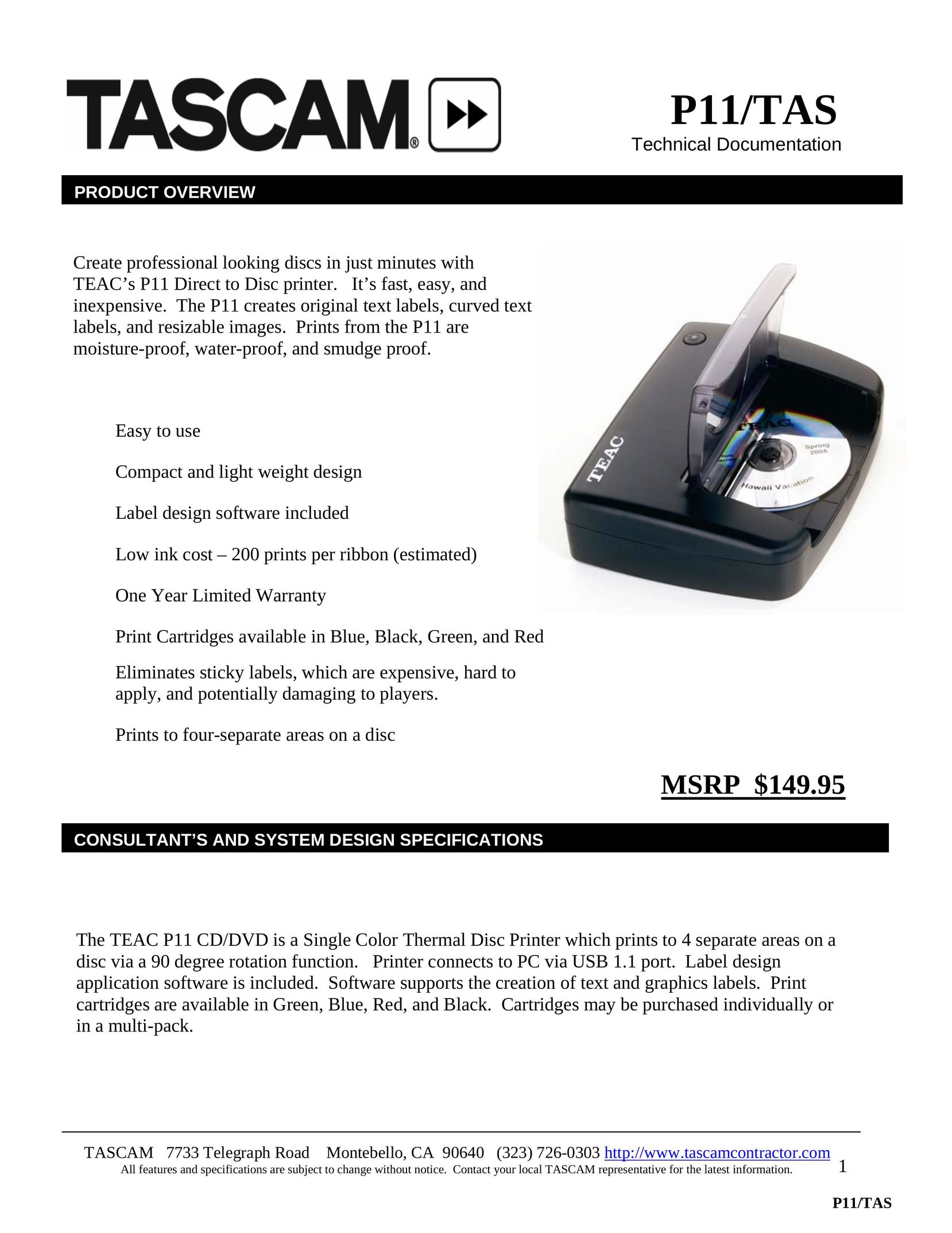 Tascam P11/TAS Printer User Manual