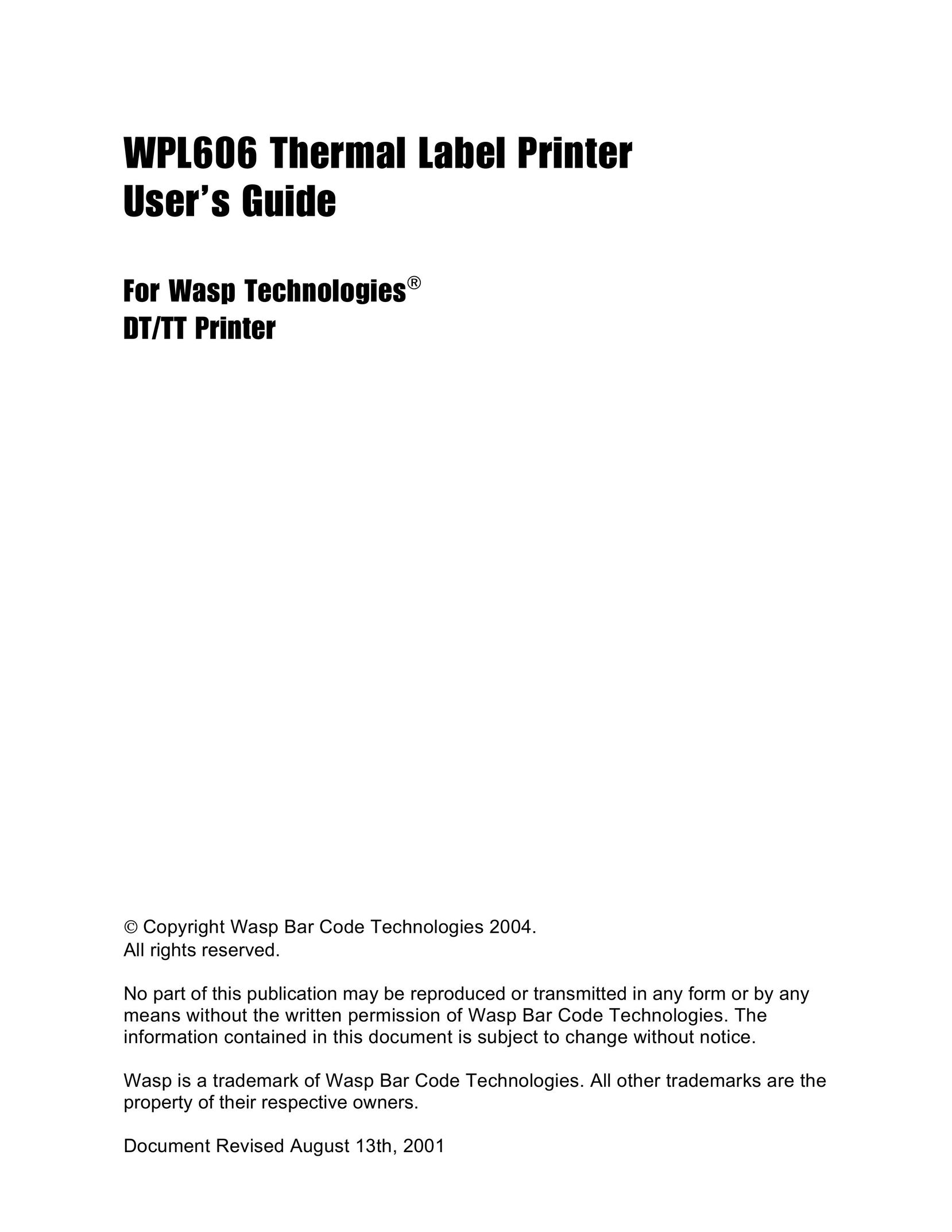 Wasp Bar Code WPL606 Printer User Manual