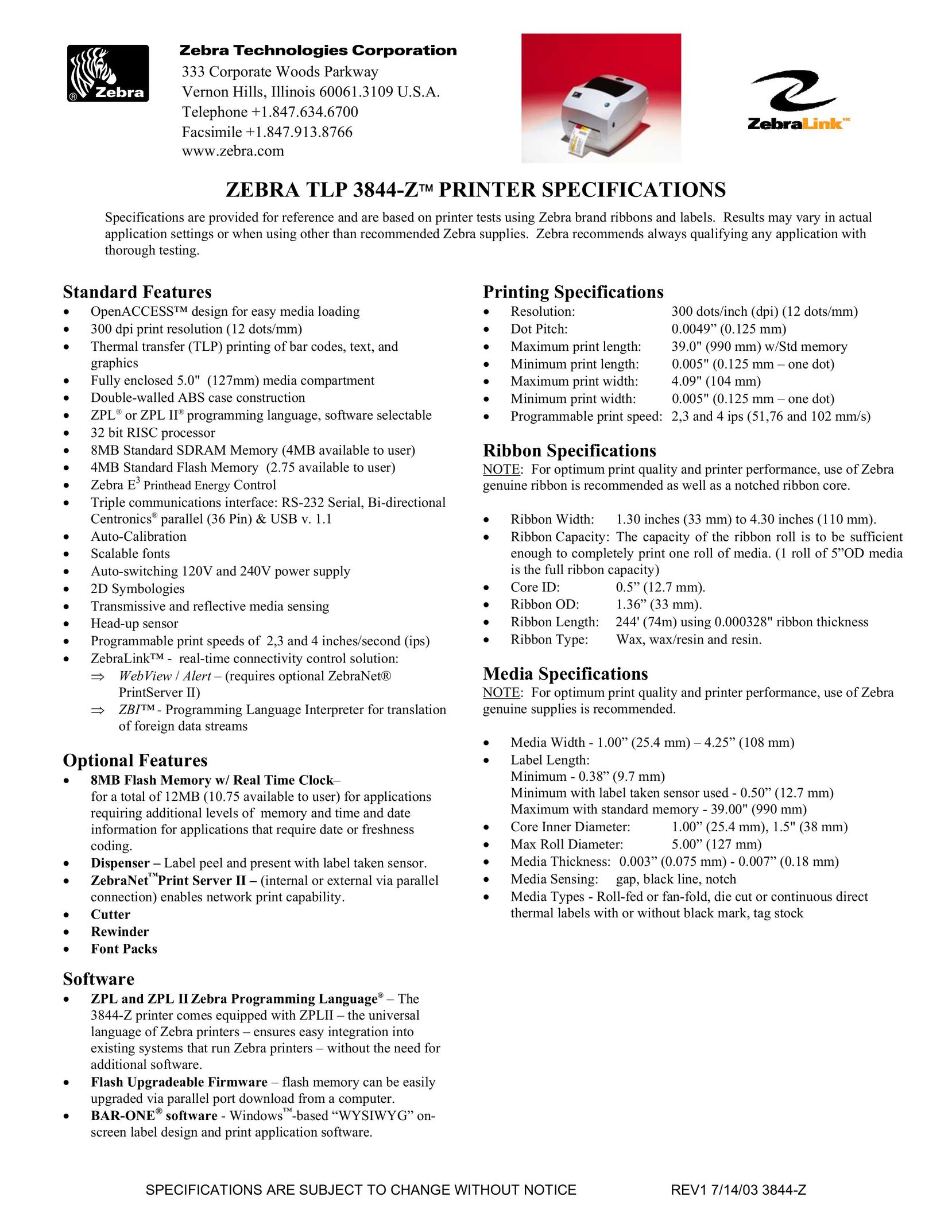 Zebra Technologies 3844-Z Printer User Manual
