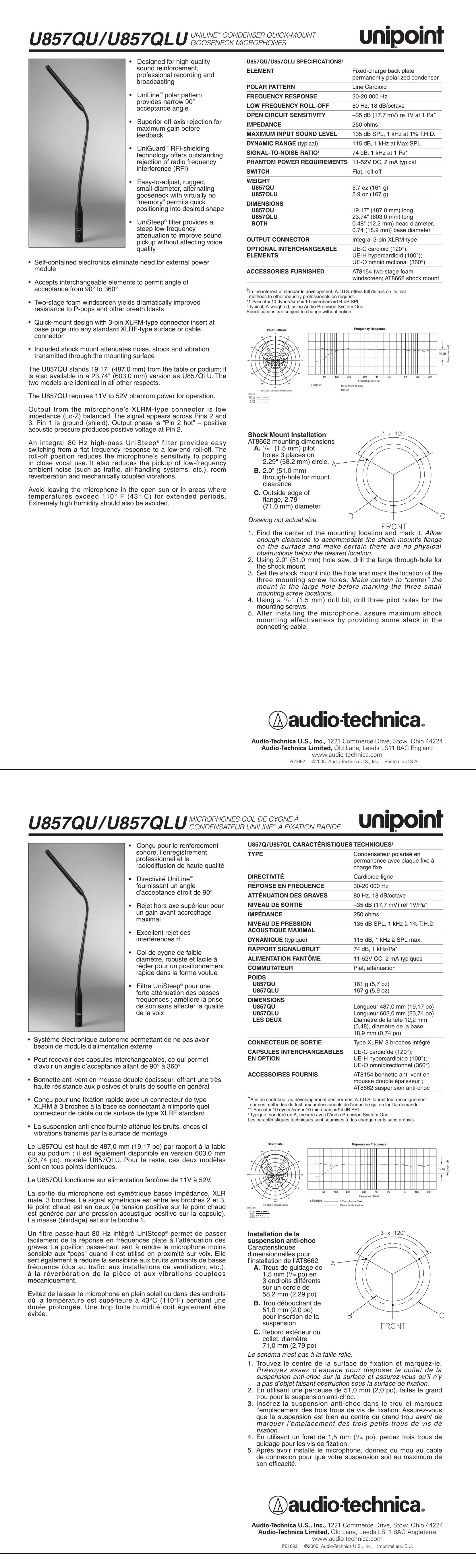 Audio-Technica U857QLU Printer Accessories User Manual