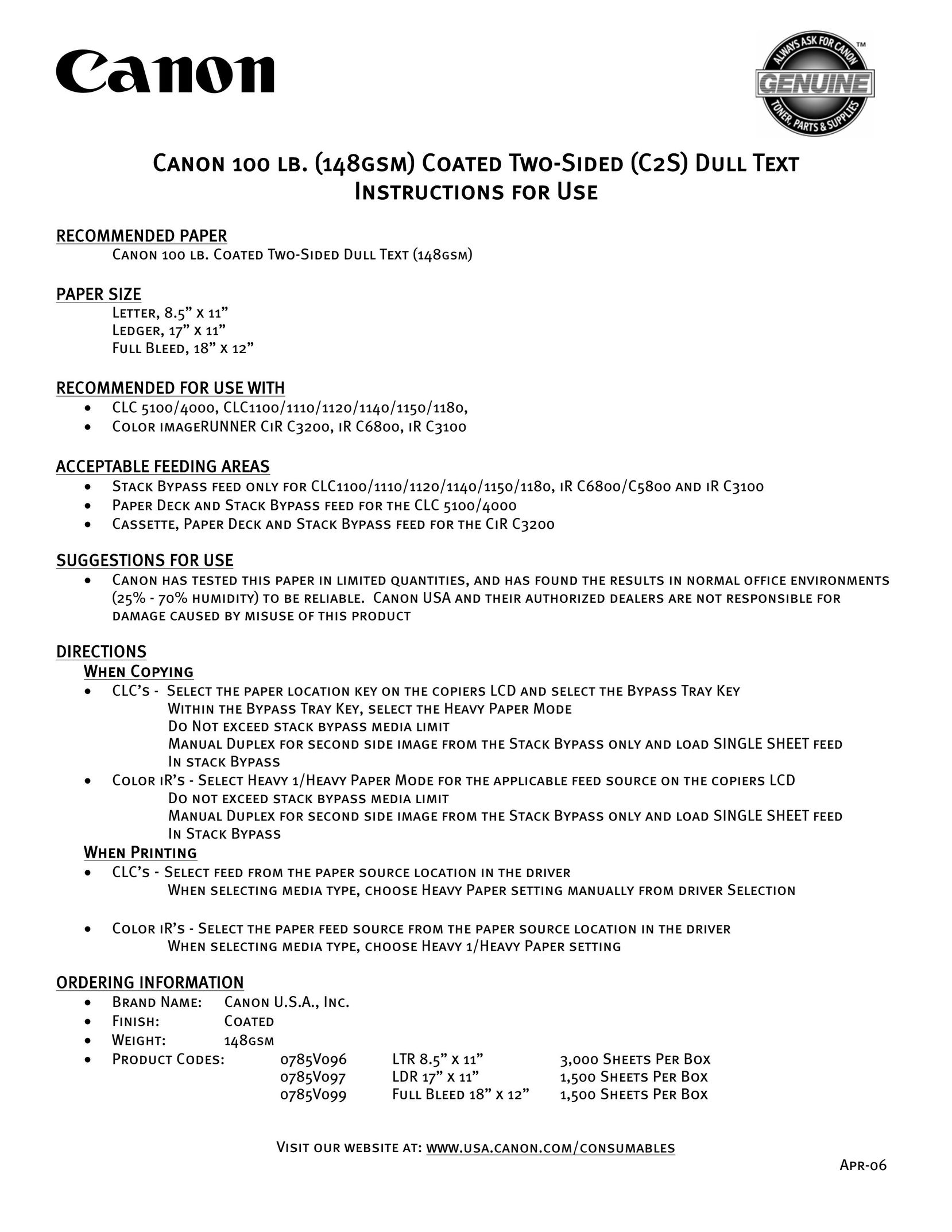 Canon 148GSM C2S Printer Accessories User Manual