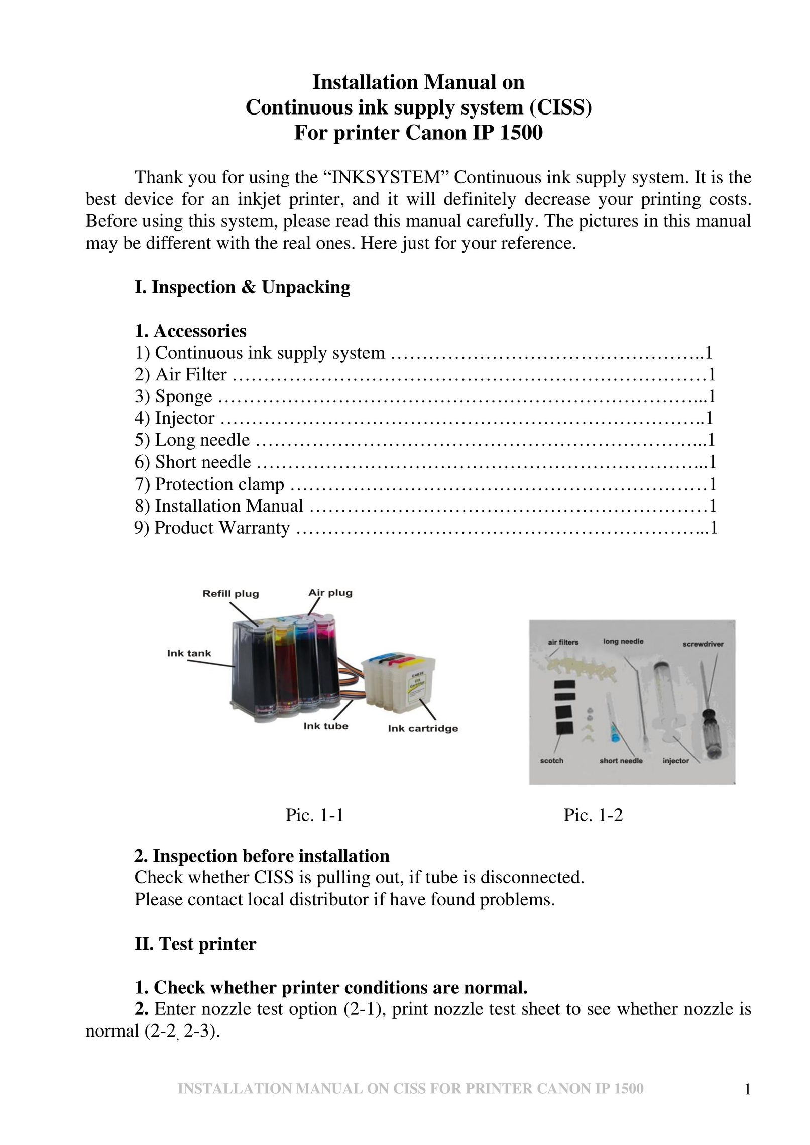 Canon IP 1500 Printer Accessories User Manual